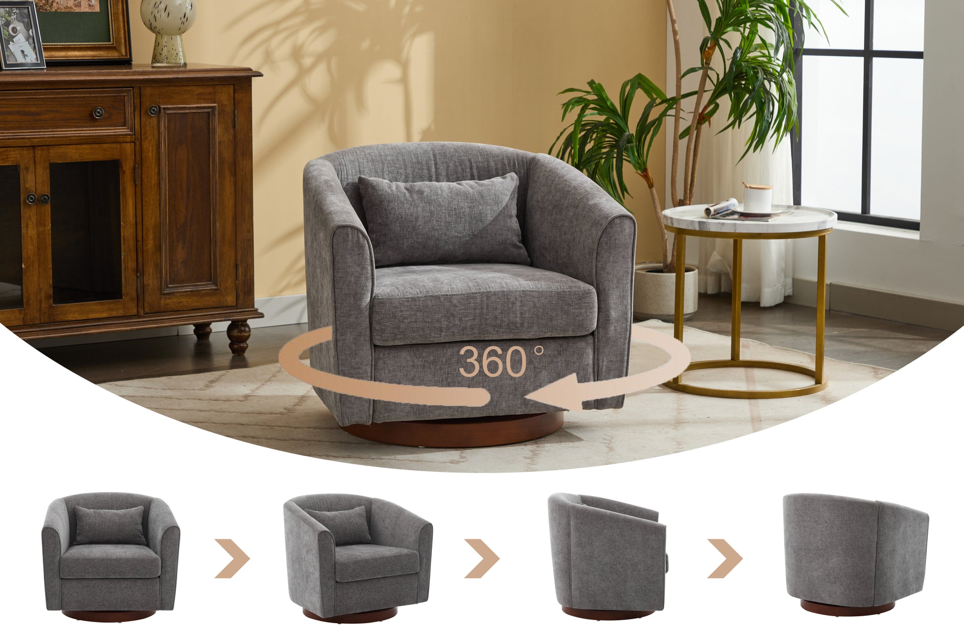 Swivel Accent Chair For Living Room, Sofa Chairs With Wood Base Side, Comfy Swivel Accent Chair With Wide Upholstered, For Living Room Grey Foam Chenille