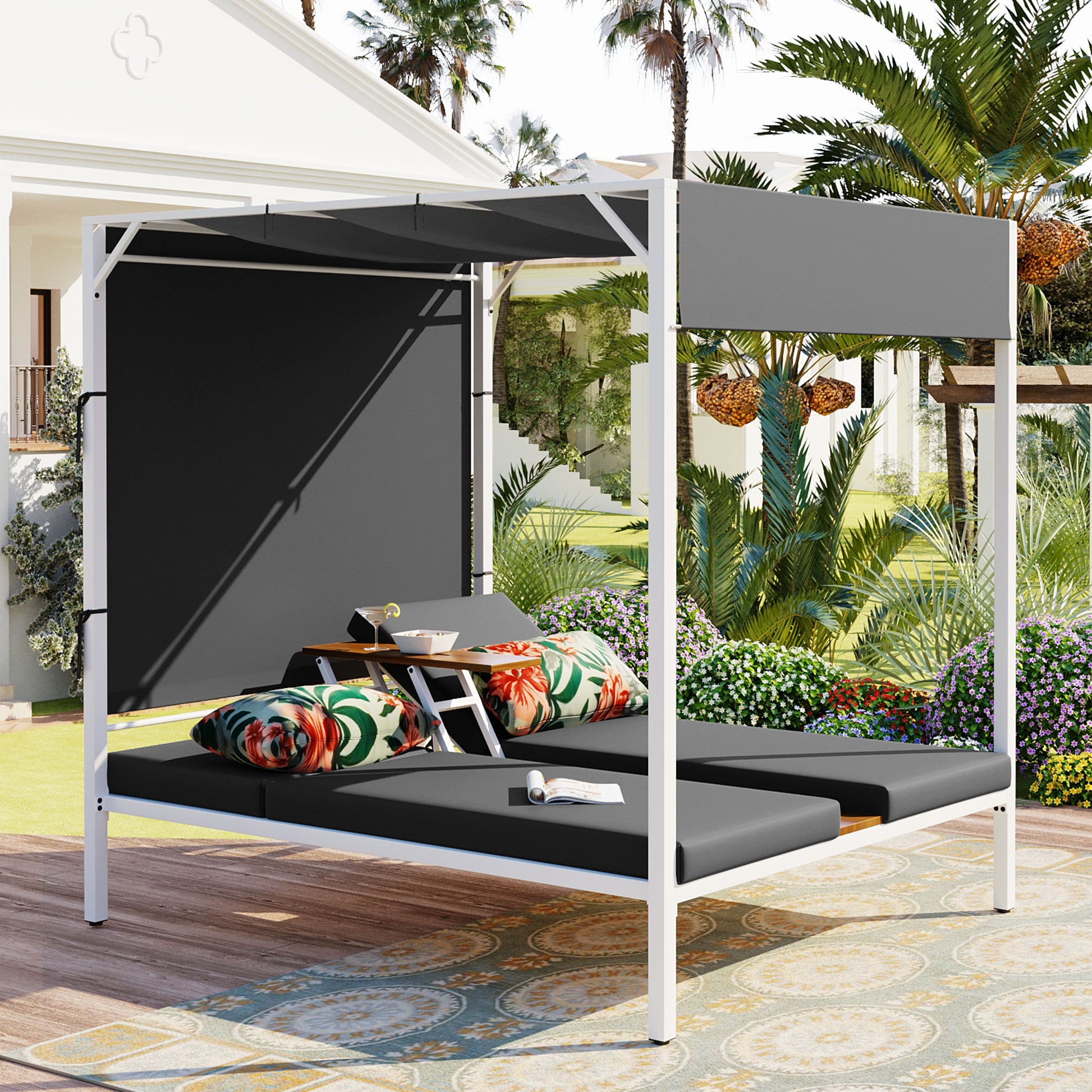 Outdoor Patio Sunbed Daybed With Cushions, Adjustable Seats Grey Steel