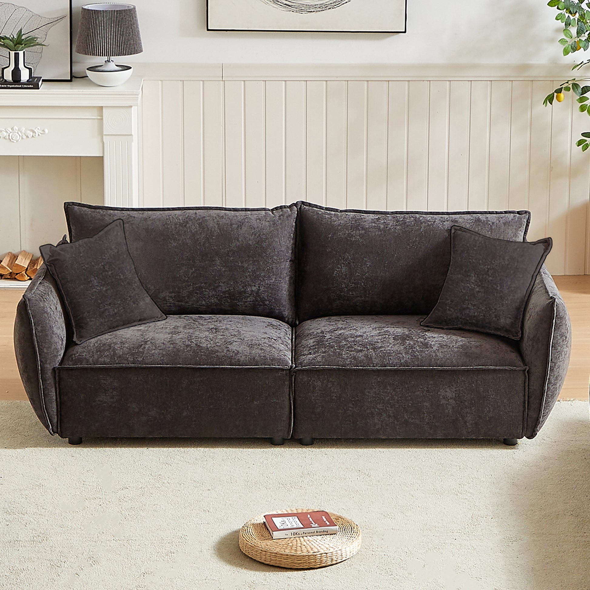 Mh88" Modern Living Room Sectional, Wide Living Room Sectional, Stylish Chenille Triple Sectional With Extra 2 Pillows, Thickly Padded Seat And Back And Armrests For Apartment, Living Room Black Chenille Wood Primary Living Space Pine Foam Fabric 3 Seat