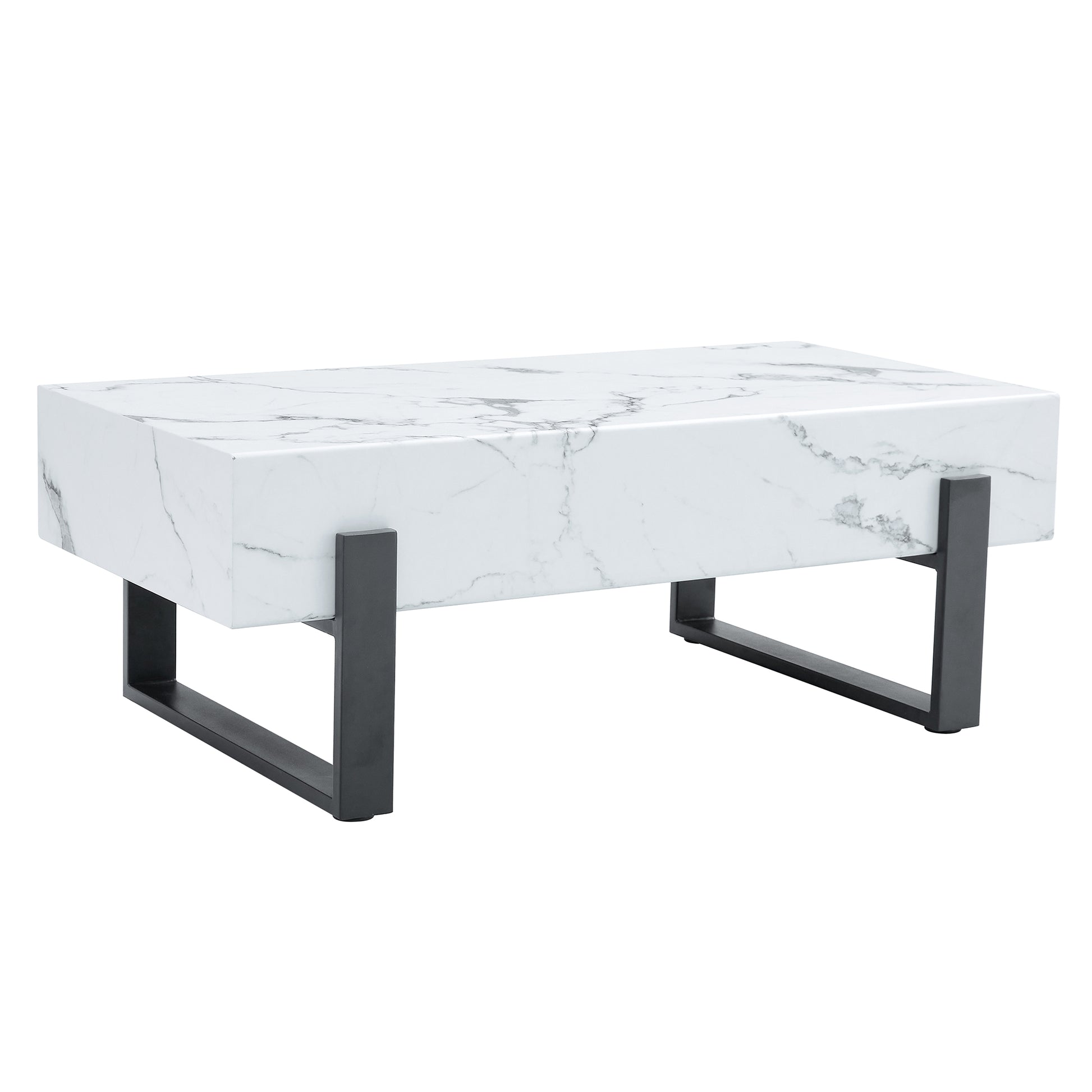 47.2"X23.6" Black And White Minimalist Mdf Marble Patterned Coffee Table.White Marble Pattern Sticker,Black Metal Leg Spray Coating,Mdf Coffee Table.Showcasing A Modern And Simple Style. White Black