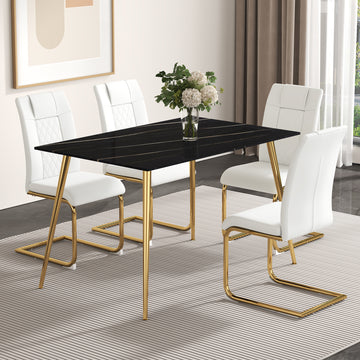 Table And Chair Set. 1 Table With 4 White Pu Chairs. Modern Minimalist Rectangular Black Imitation Marble Dining Table, With Golden Metal Legs. Paired With 4 Chairs With Golden Legs.Dt 1544 C001 Black Gold Glass Metal