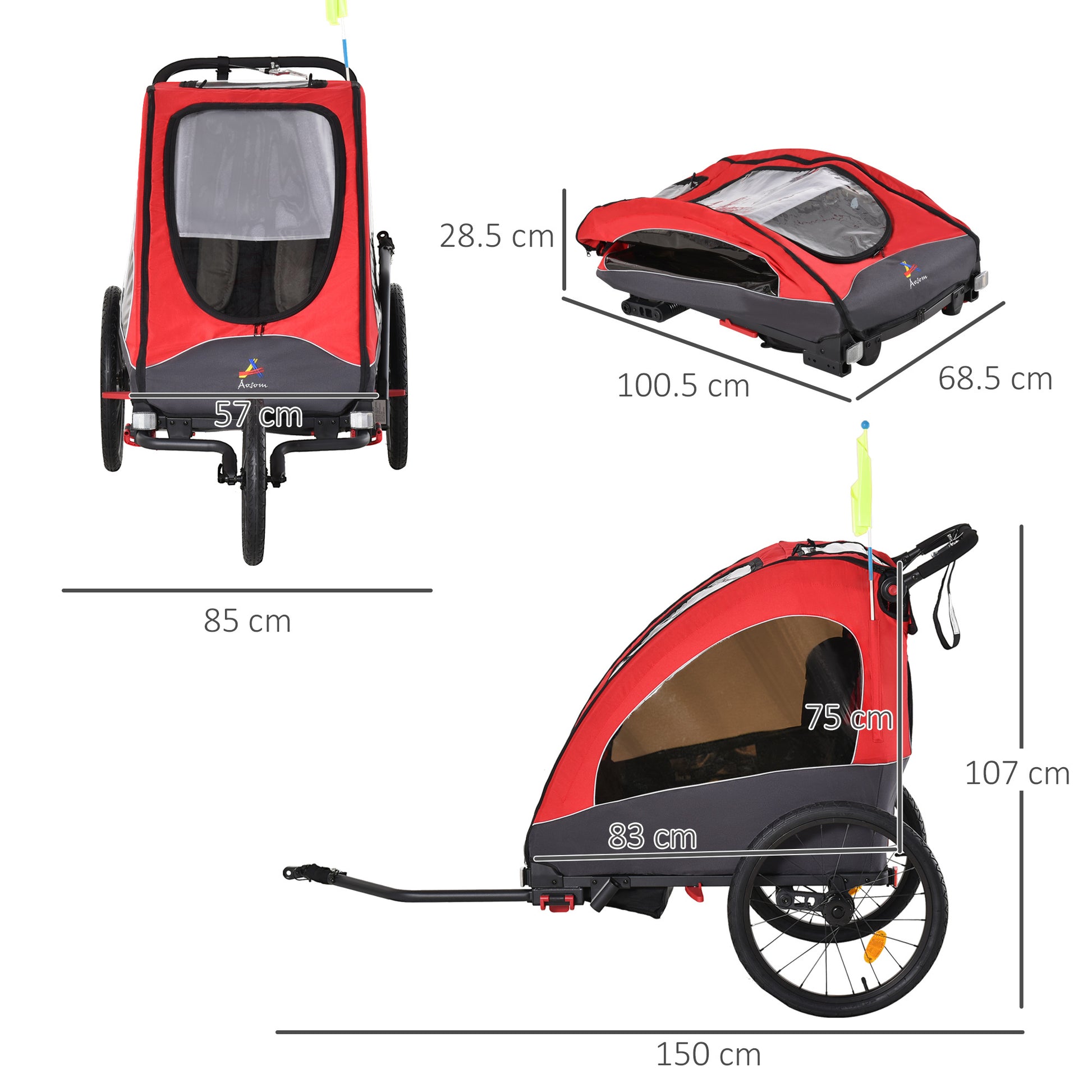 Aosom Bike Trailer For Kids 3 In1 Foldable Child Jogger Stroller Baby Stroller Transport Carrier With Shock Absorber System Rubber Tires Adjustable Handlebar Kid Bicycle Trailer Red And Grey Red Aluminum