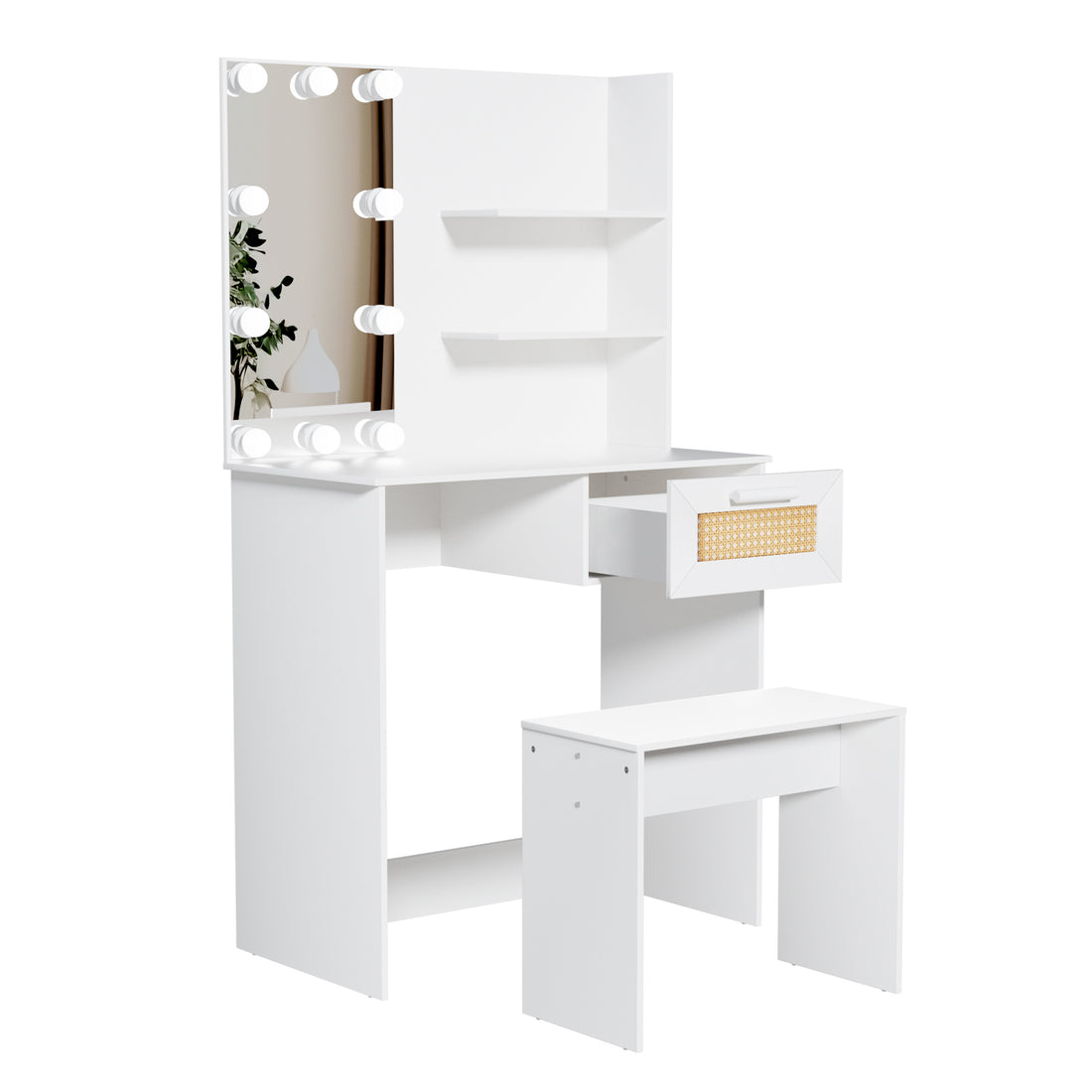 Vanity Desk Set Stool & Dressing Table With Led Lighting Mirror Drawer And Compartments Modern Wood Cosmetic Table Chest Of Drawers White Color Glossy White 1 Drawer Wood