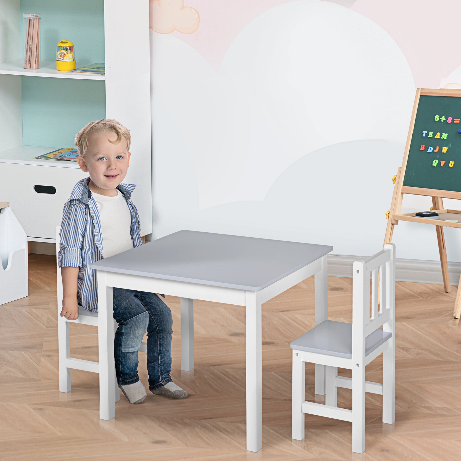 Qaba Kids 3 Piece Table And Chair Set Ideal For Arts, Meals, Lightweight Wooden Homework Activity Center, Toddlers Age 3 , Grey Grey Wood