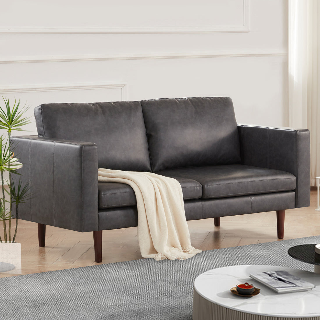 65'' Faux Leather Sofas For Living Room, Black Couch Loveseat Small Spaces Bedroom With Solid Wooden Frame And Padded Cushion, Mid Century Modern Decor Beautiful Seats Furniture, Black Brown Wood Bedroom Heavy Duty Oak 2 Seat Antique Black Faux Leather