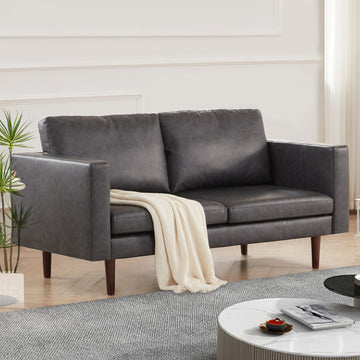 65'' Faux Leather Sofas For Living Room, Black Couch Loveseat Small Spaces Bedroom With Solid Wooden Frame And Padded Cushion, Mid Century Modern Decor Beautiful Seats Furniture, Black Brown Wood Bedroom Heavy Duty Oak 2 Seat Antique Black Faux Leather