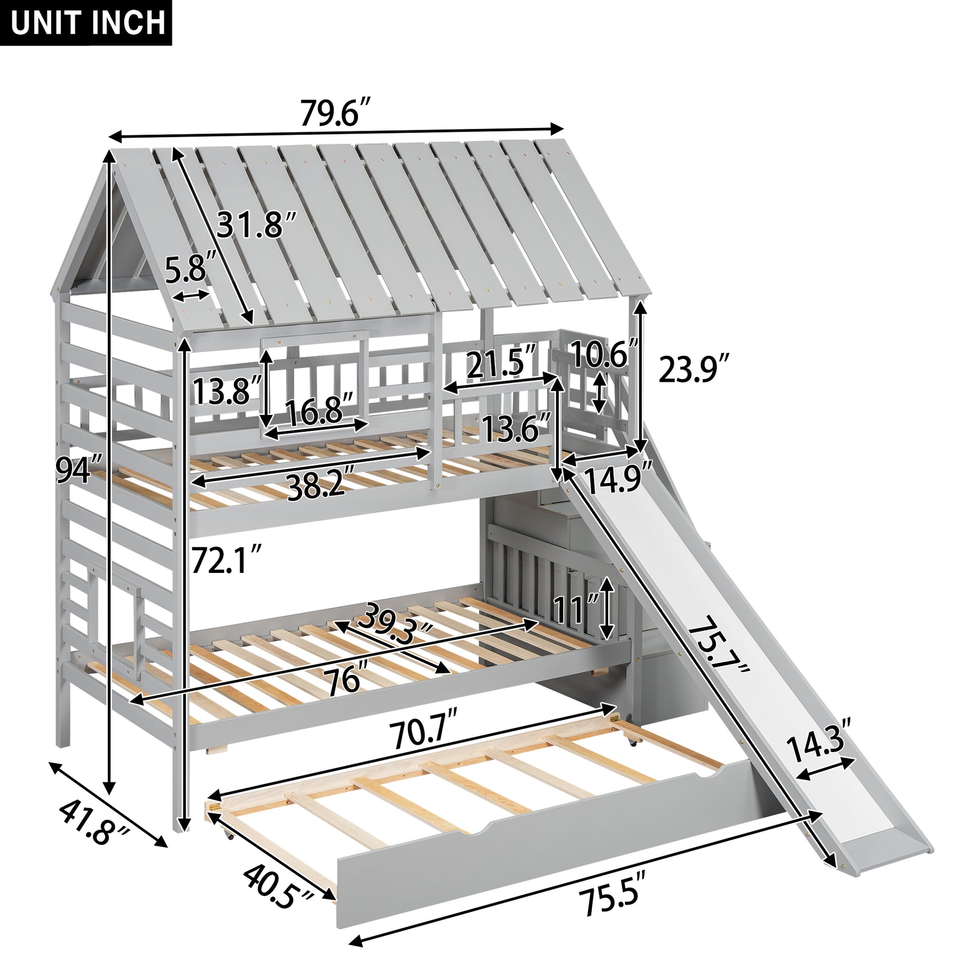 Twin Over Twin House Bunk Bed With Trundle And Slide, Storage Staircase, Roof And Window Design, Gray Old Sku: Gx000931Aae Box Spring Not Required Twin Gray Wood Bedroom Bunk Pine