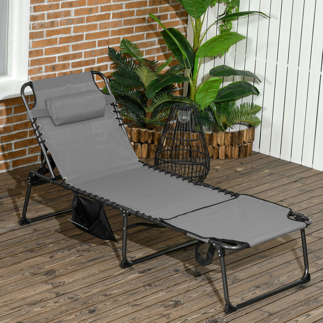 Outsunny Folding Chaise Lounge With 5 Level Reclining Back, Outdoor Tanning Chair With Reading Face Hole, Outdoor Lounge Chair With Side Pocket & Headrest For Beach, Yard, Patio, Gray Gray Steel