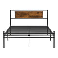King Size Metal Bedframe,Headboard With Wood Panel Decoration,Black Black Brown Metal