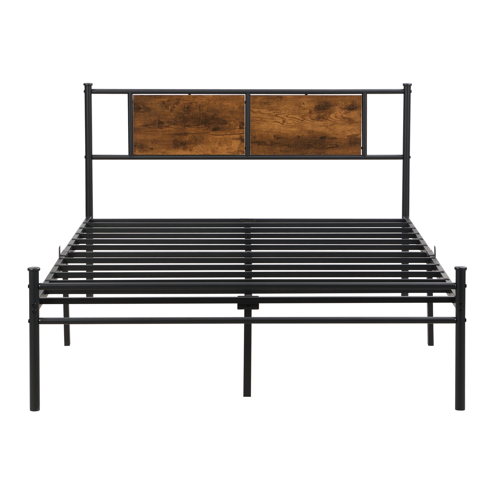 King Size Metal Bedframe,Headboard With Wood Panel Decoration,Black Black Brown Metal