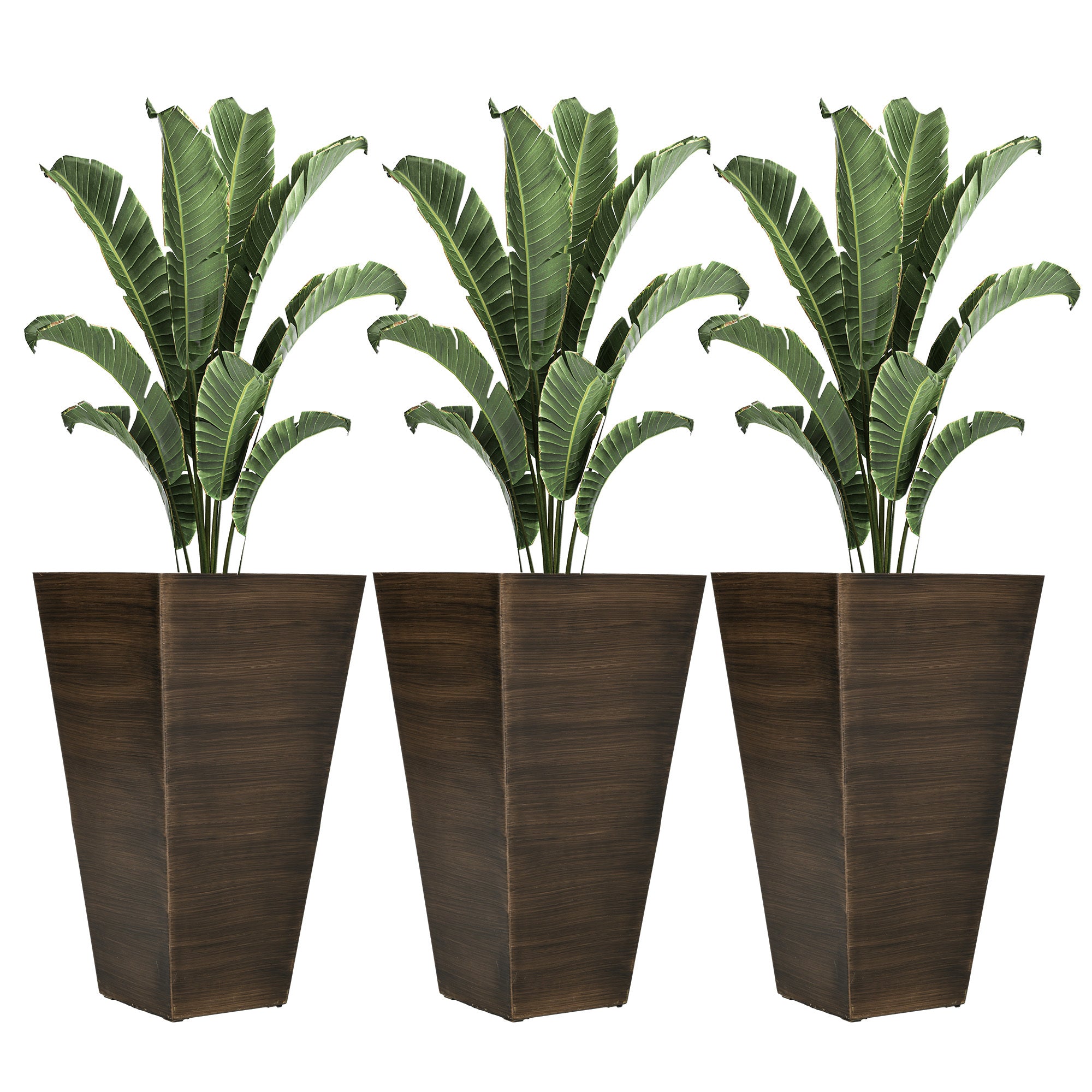 Outsunny 28" Tall Outdoor Planters, Set Of 3 Large Taper Planters With Drainage Holes And Plug, Faux Wood Plastic Flower Pots For Outdoor, Indoor, Garden, Patio, Brown Brown Polypropylene