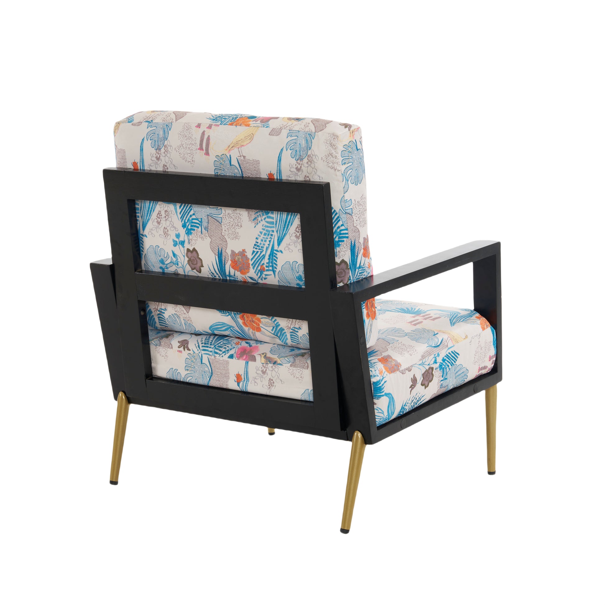 Retro Low Back Floral Print Velvet Accent Armchair With Gold Metal Legs & Rubberwood Frame, Wide Armrest Mid Century Lounge Chair With Pillow Back, Sofa Chair For Living Room & Balcony, Blue Floral