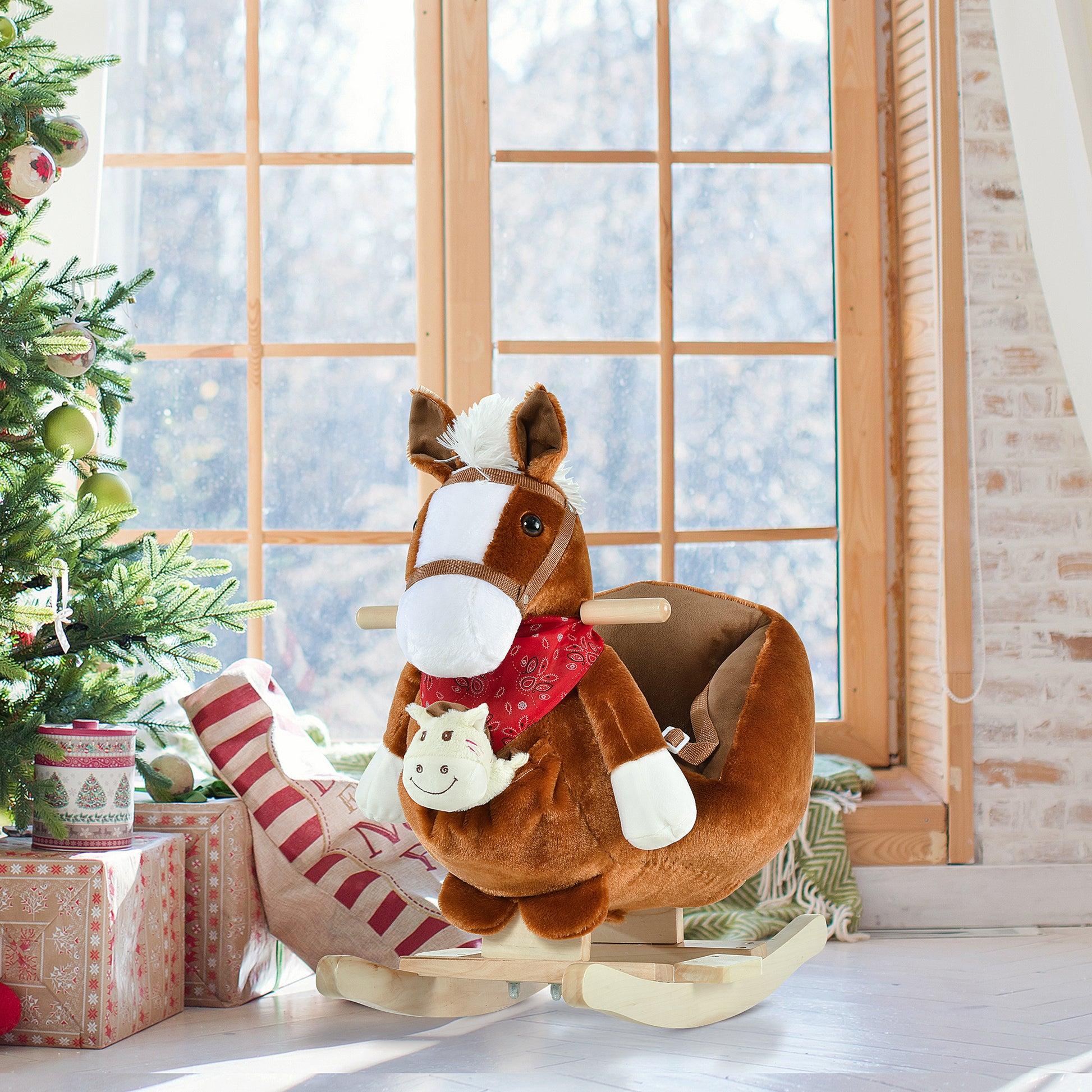 Qaba Kids Ride On Rocking Horse Toy, Rocker With Lullaby Song, Hand Puppets & Soft Plush Fabric For Children 18 36 Months, Brown Brown Polyester