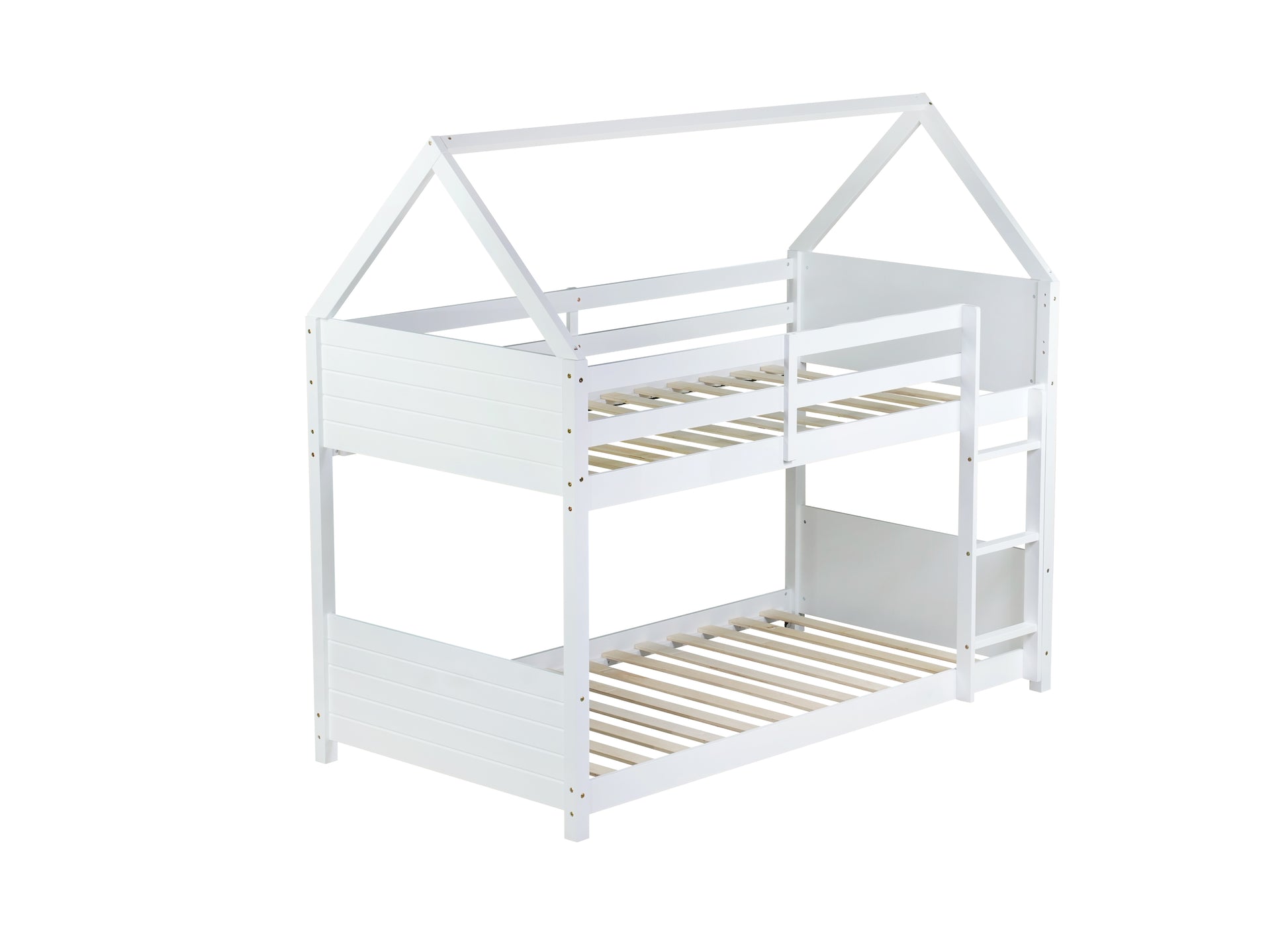 Twin Over Twin House Floor Bunk Bed With Headboards, Footboards And Guardrails, Ladder, Rubber Wood Bunk Bed With Safety Guardrails,White Twin White Rubber Wood