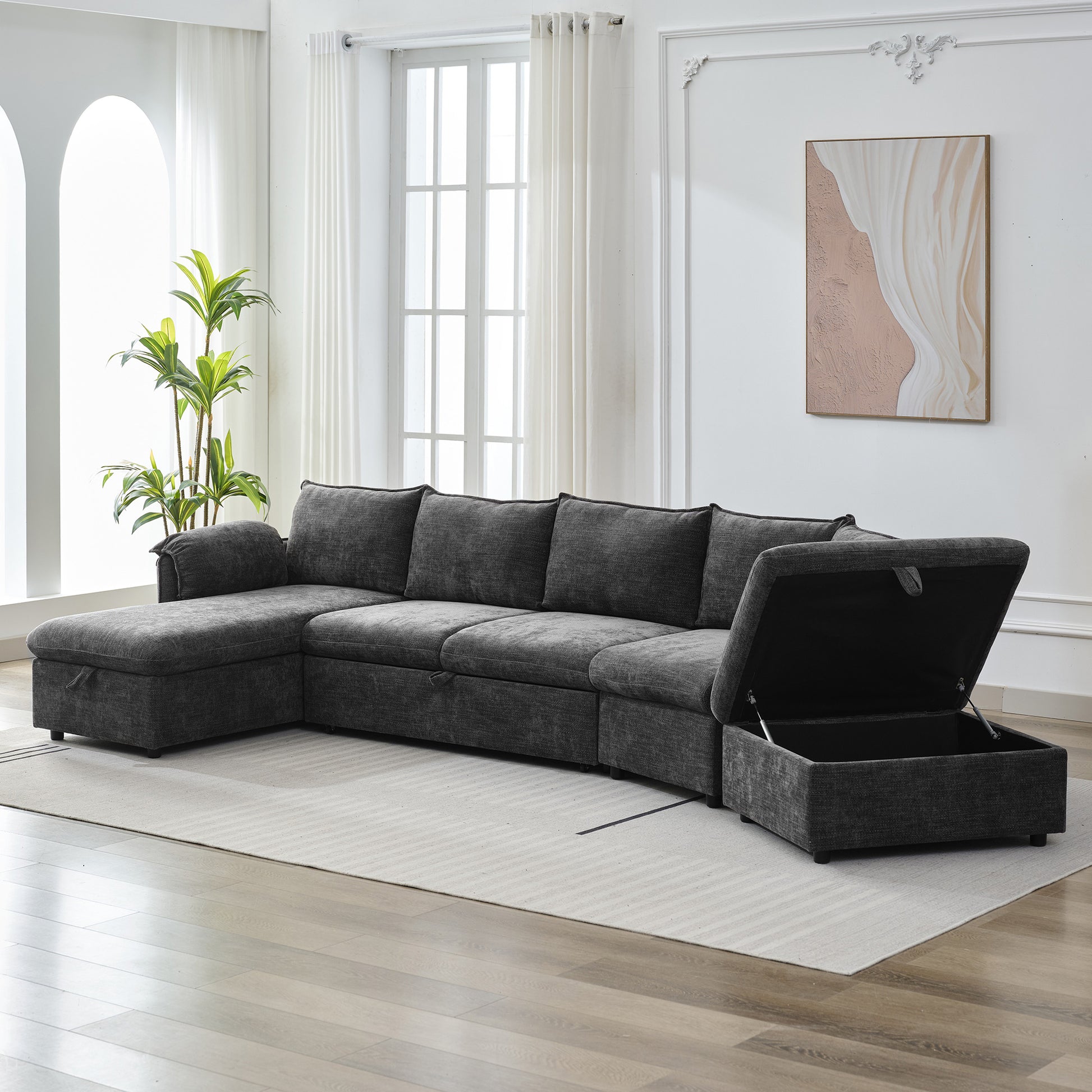 146.9" L Shaped Sofa Sectional Sofa Couch Pull Out Sofa Bed With A Movable Storage Ottoman, A Storage Chaise Lounge And Two Usb Ports For Living Room, Grey Grey Foam Linen 5 Seat