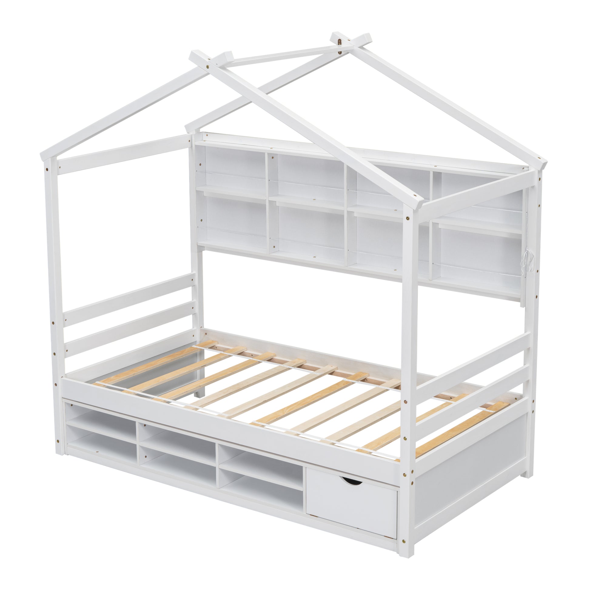 Twin House Bed With Roof Frame, Bedside Shelves, Under Bed Storage Unit,White Twin White American Design Pine