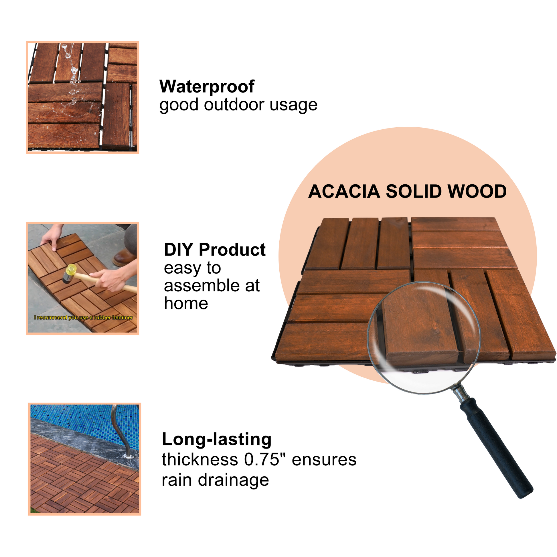 Acacia Wood Interlocking Deck Tiles Checker Pattern, 20 Pcs 12" X 12" Square Acacia Hardwood Outdoor Flooring For Patio, Bancony, Pool Side,.. Brown Garden & Outdoor American Design,American Traditional,Antique Acacia Wood