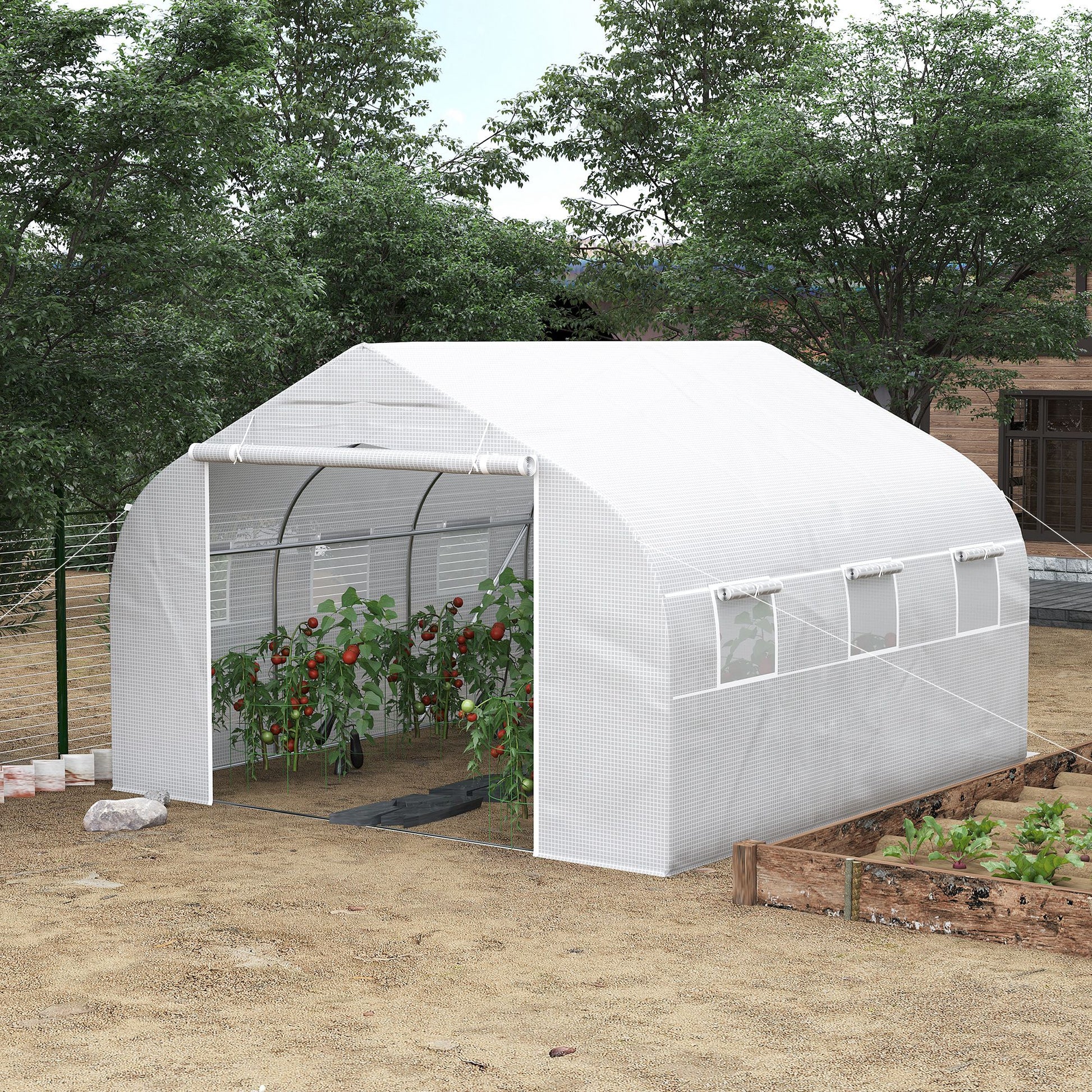 Outsunny 12' X 10' X 7' Walk In Greenhouse, Tunnel Green House With Zippered Mesh Door And 6 Mesh Windows, Gardening Plant Hot House With Galvanized Steel Frame, White White Steel