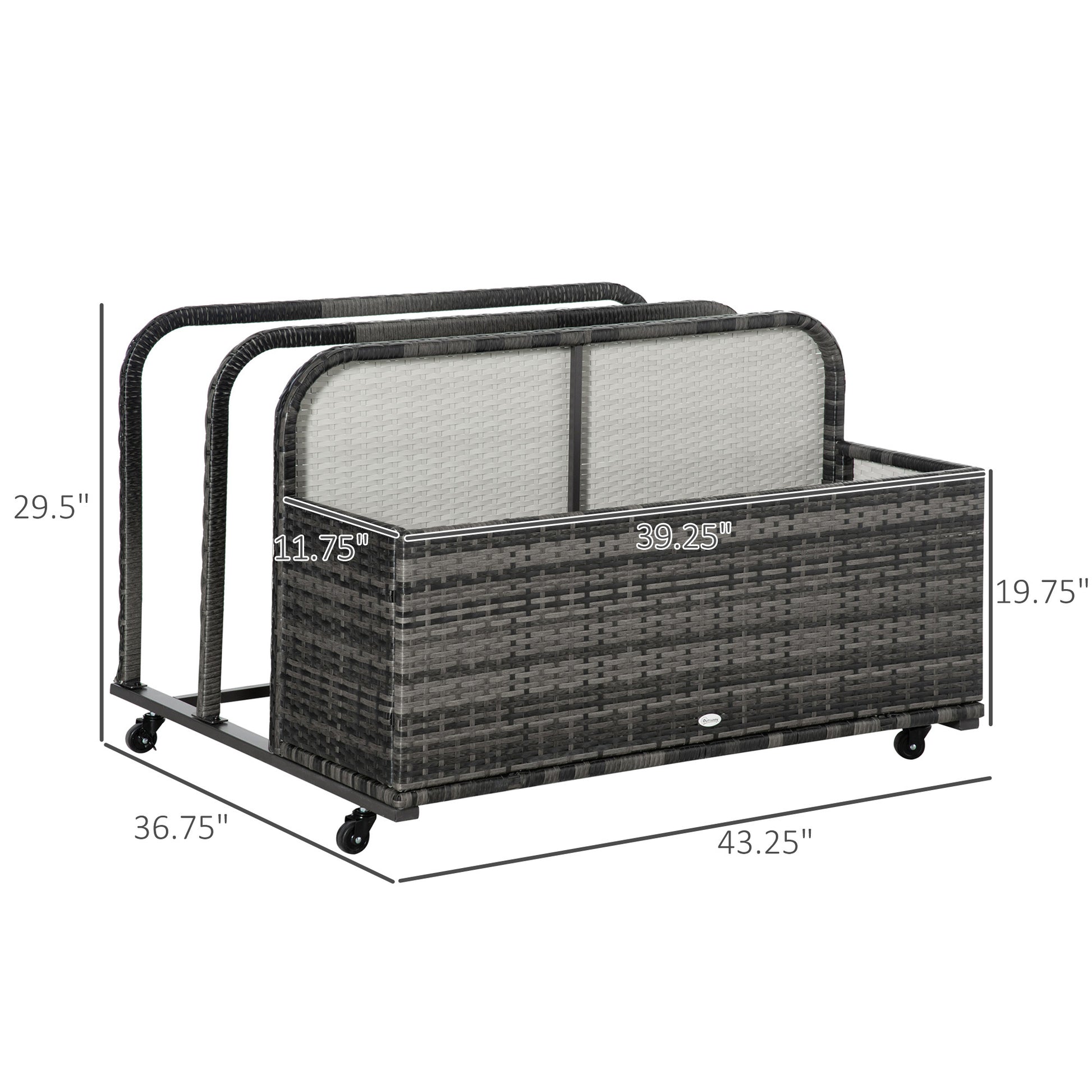 Outsunny Wicker Patio Poolside Float Storage Basket, Pe Rattan Outdoor Pool Caddy With Rolling Wheels For Floaties, Noodles, Life Vests, Beach Balls, Toys, Grey Gray Steel