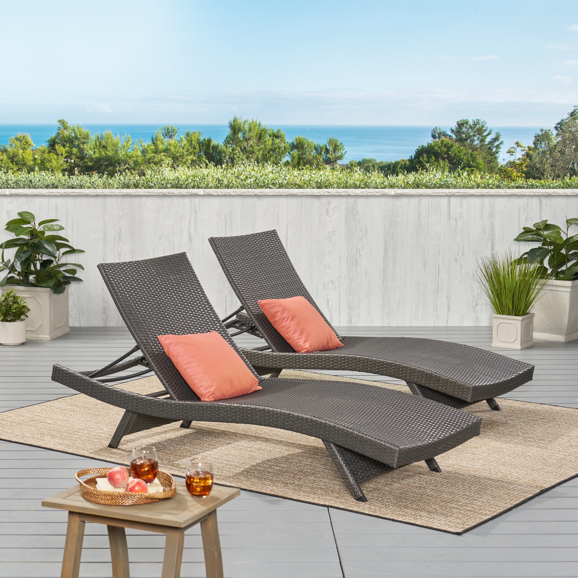 Salem Pe Wicker Chaise Lounge, Set Of 2 Grey Pe Rattan Iron