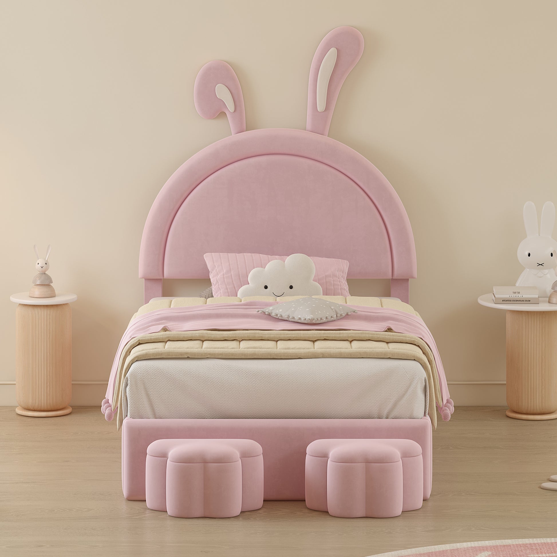 Twin Size Upholstered Rabbit Shape Bed With 2 Storage Stools, Velvet Platform Bed With Cartoon Ears Shaped Headboard, Pink Twin Pink Wood