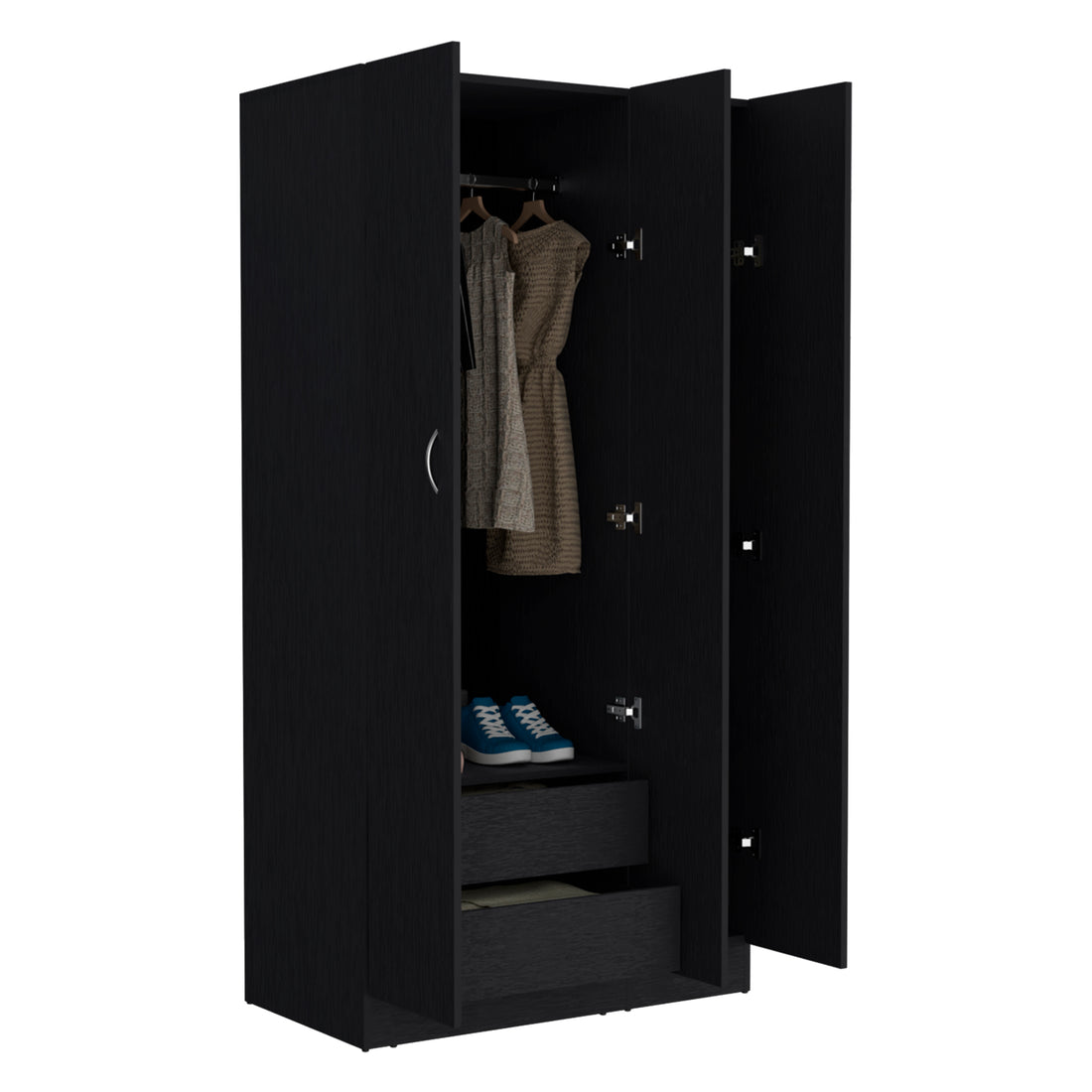 Ohio Armoire Wardrobe With 3 Doors, 2 Drawers, And 4 Tier Shelves Black Black Particle Board