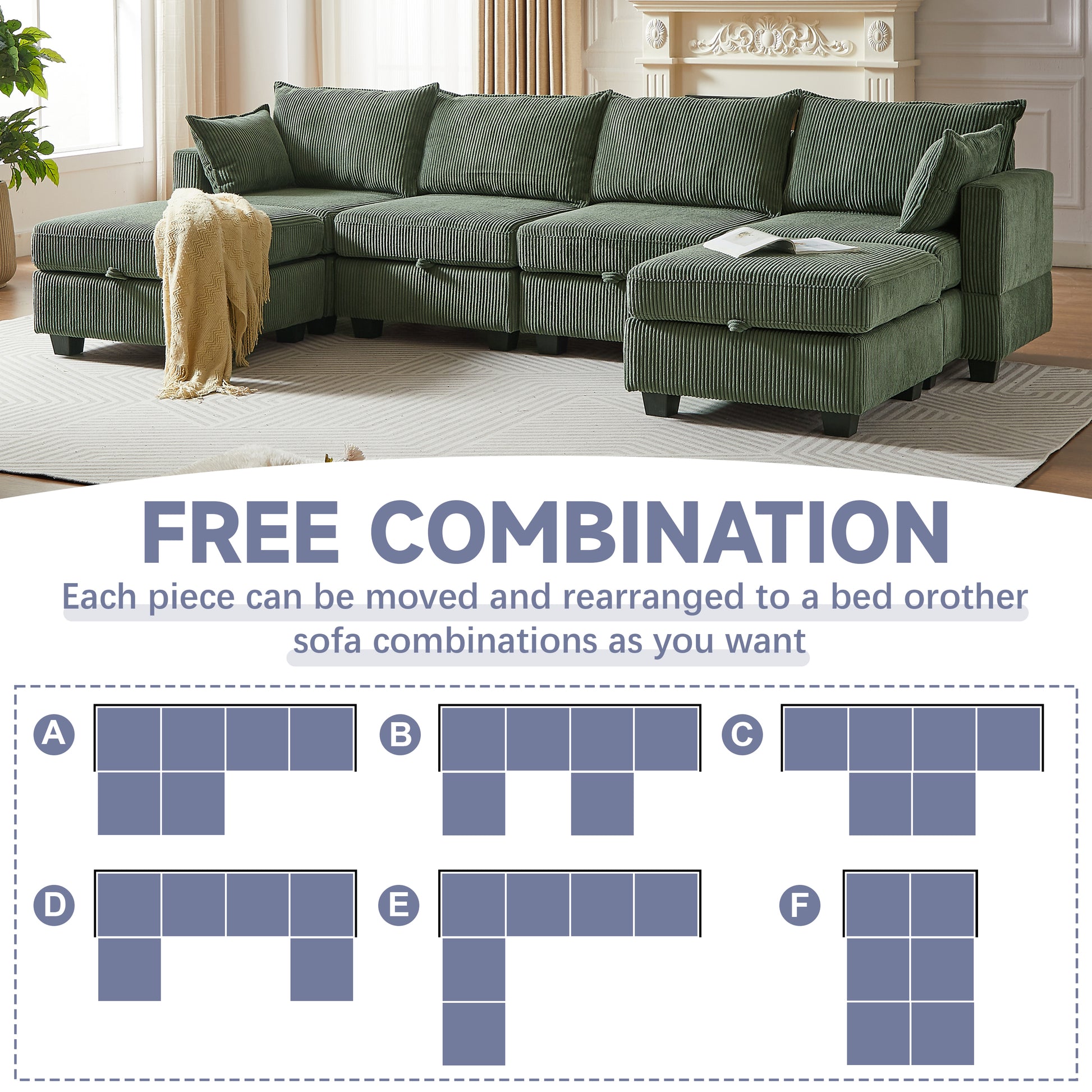 113.5'' Modular Sectiona Corduroy Sofa, Sectional Couches For Living Room U Shaped Sectional Couch With Storage Ottoman, 6 Seats Convertible Sectionals With Chaise Green Corduroy 6 Seat