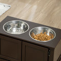 Pawhut Elevated Dog Bowls For Large Dogs, Raised Dog Bowls With Storage, Two Stainless Steel Bowls, Pet Feeder Station For Indoor Use, Coffee Brown Mdf