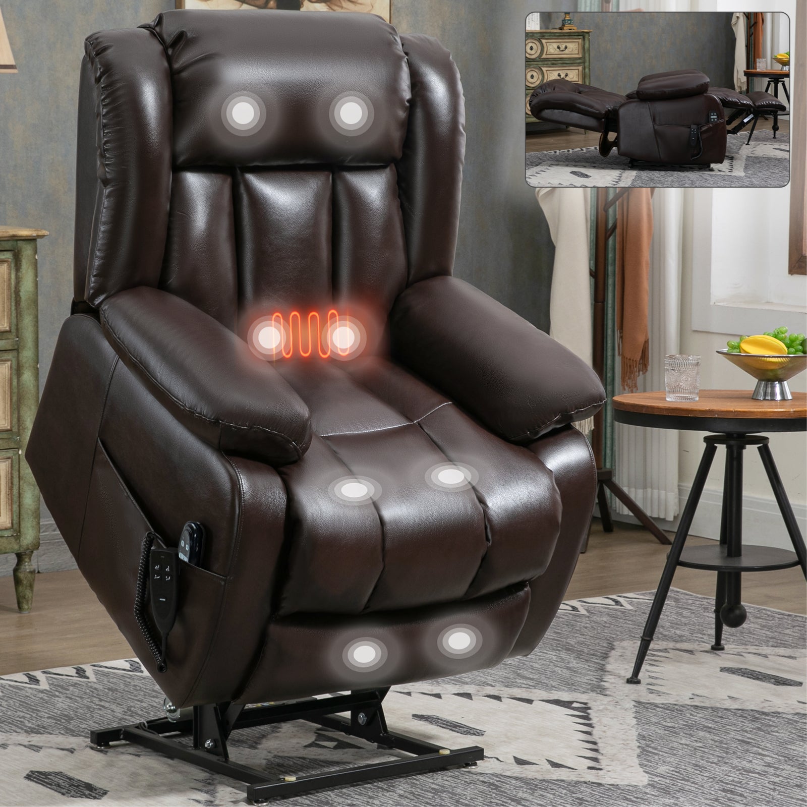 Dual Motor Infinite Position Up To 350 Lbs Electric Medium Size Brown Power Lift Recliner Chair With 8 Point Vibration Massage And Lumbar Heating White Metal Primary Living Space Heavy Duty Pine