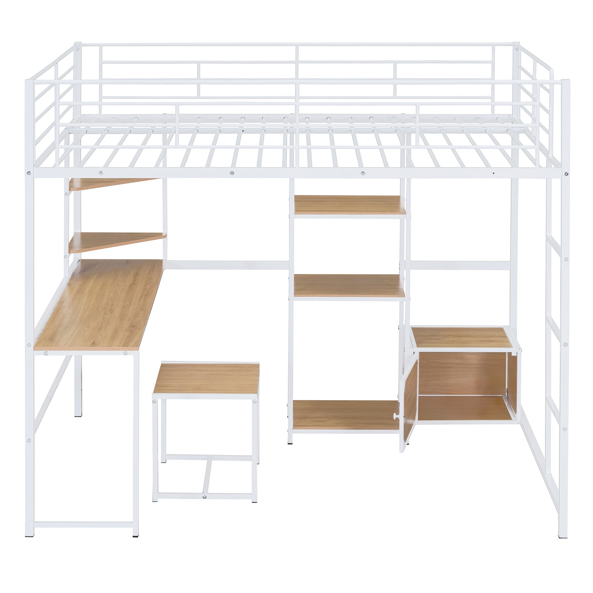 Full Size Loft Bed With Desk And Stool, Metal Loft Bed With Open Style Wardrobe, Shelves And Cabinet, White Full White Metal & Wood