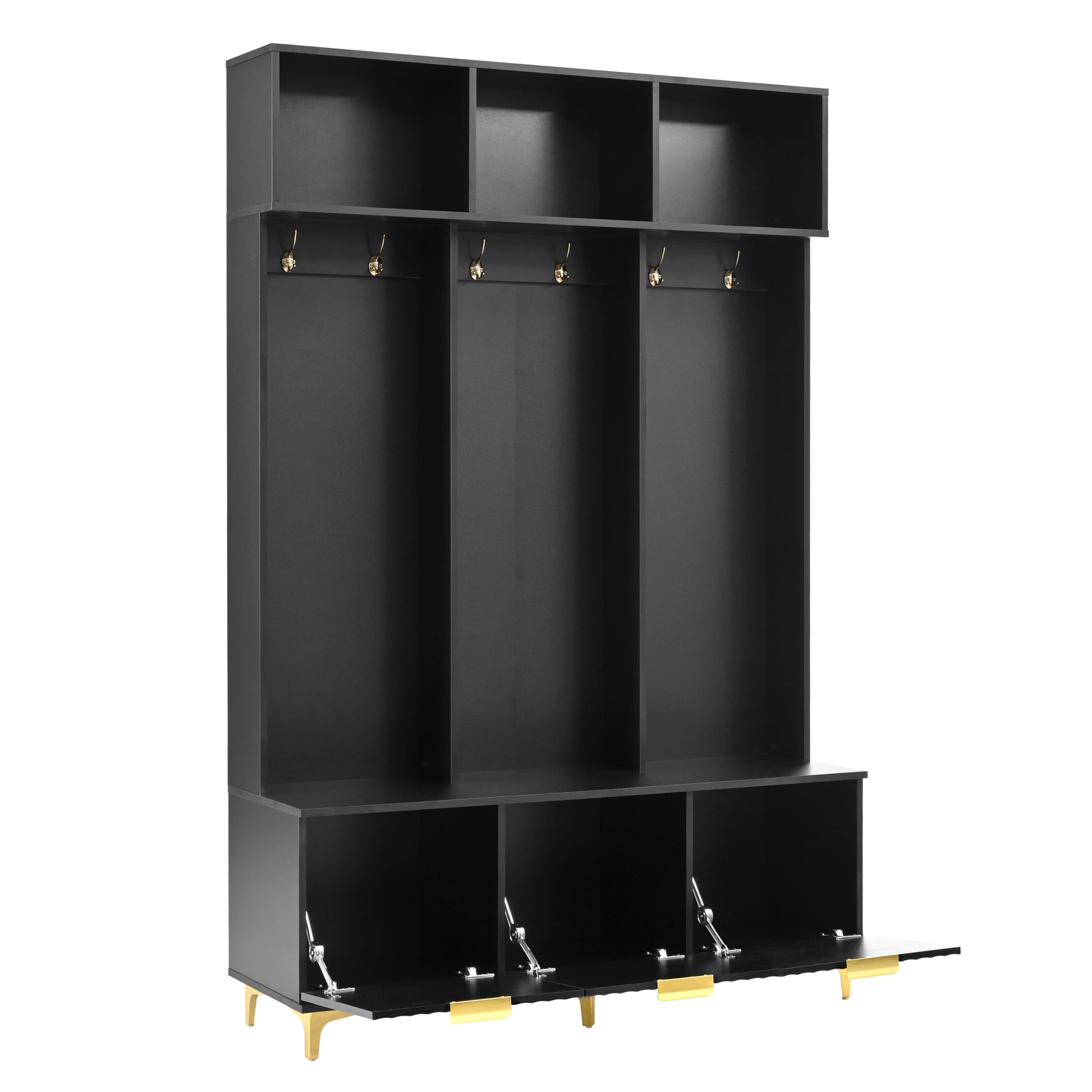 Modern Large Storage Hall Tree With Bench, Multi Functional Storage Bench With High Gloss Fluted Doors, Luxurious Coat Rack With 6 Gold Hooks And Legs For Entryway, Living Room, Black Black Gold Particle Board