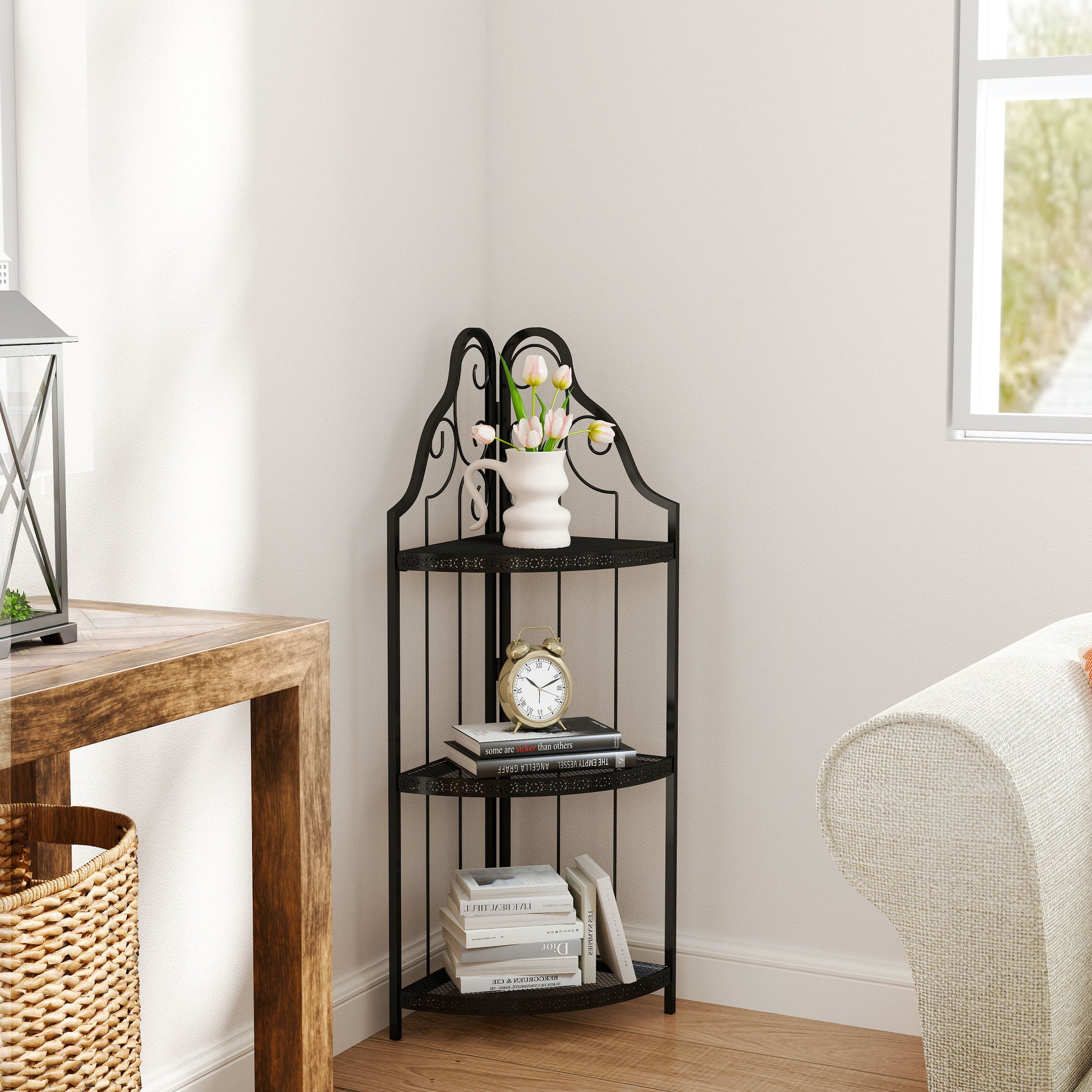 3 Tier Corner Open Shelf,Bookcase Freestanding Shelving Unit,Plant Stand Small Bookshelf For Living Room, Home Office, Kitchen, Small Space Black Corner Office American Design,Rustic Iron