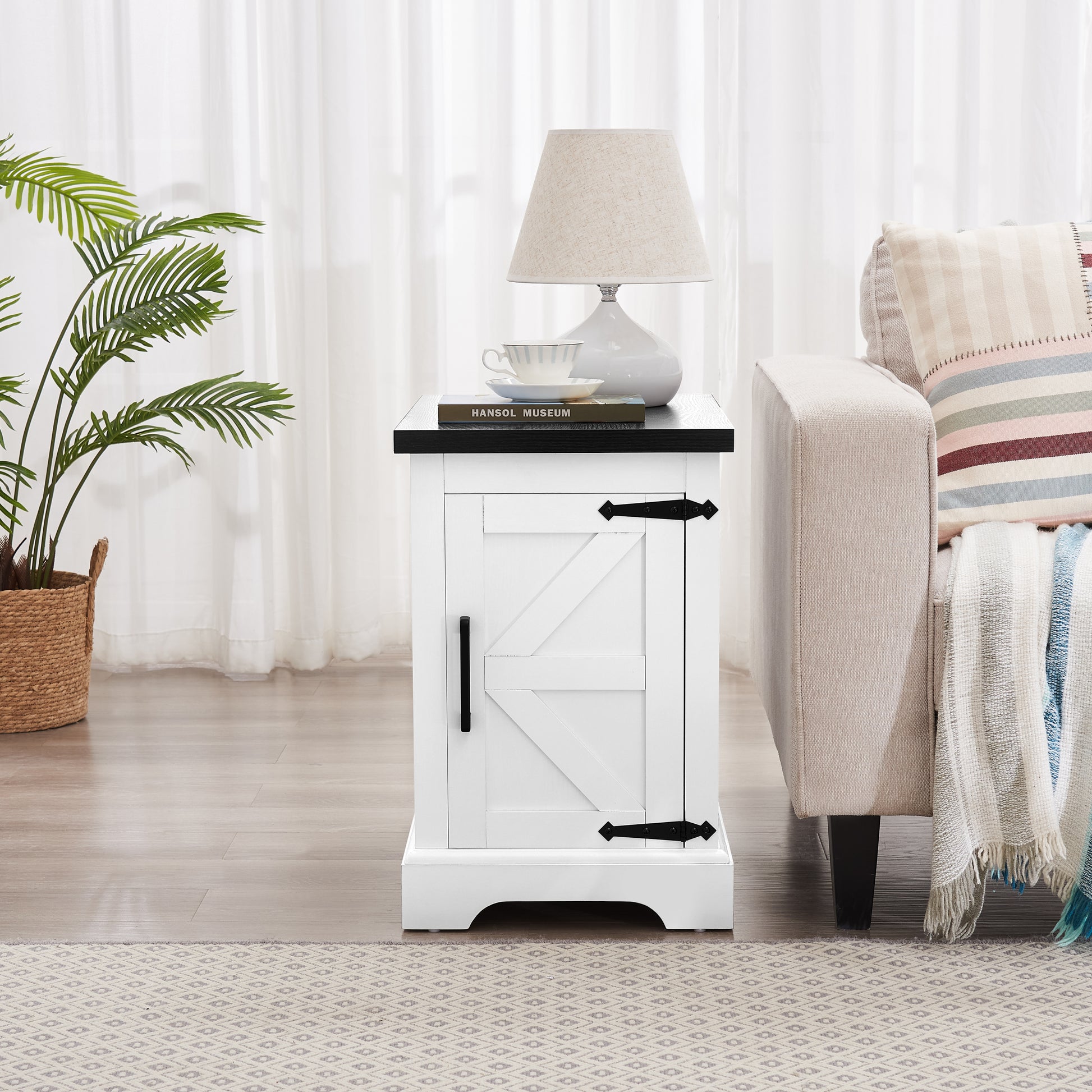 Farmhouse End Table Nightstand Rectangular Farmhouse End Table With Barn Door And Adjustable Storage Shelf, Rustic Sofa Side Table For Living Room, Bedroom, White White Black Mdf