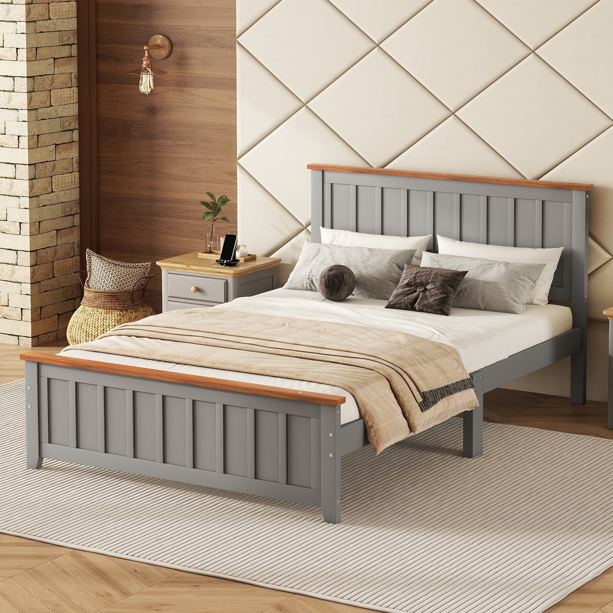 Full Size Wood Platform Bed Wooden Slat Support, Vintage Simple Bed Frame With Rectangular Headboard And Footboard, Grey Box Spring Not Required Full Grey Wood