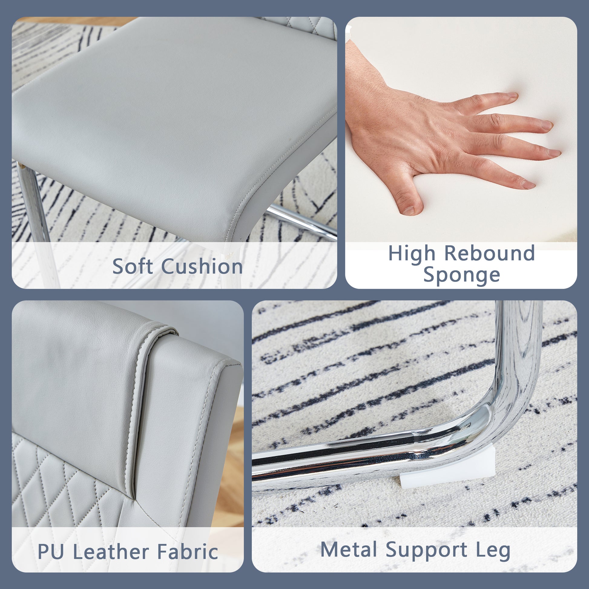 Table And Chair Set.63"X31.5X30" Black Marble Patterned Slabs Tabletop With Stainless Steel Butterfly Legs.Paried With 6 Light Gray High Quality Pu Chairs With Silver Metal Legs. Light Gray,Silver