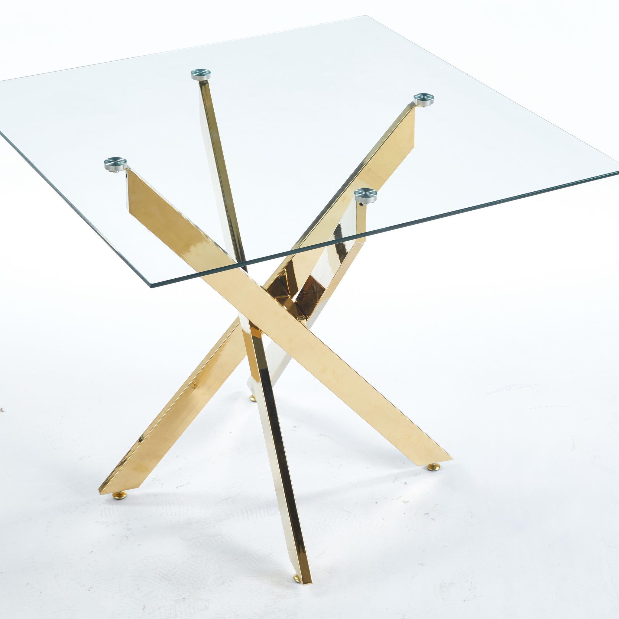 Dining Table With Cross Metal Leg And Tempered Glass,Modern Space Saving Kitchen Table For Living Room,Chrome Legs,Square Table,Golden Legs,90X90X75Cm Golden Glass Metal