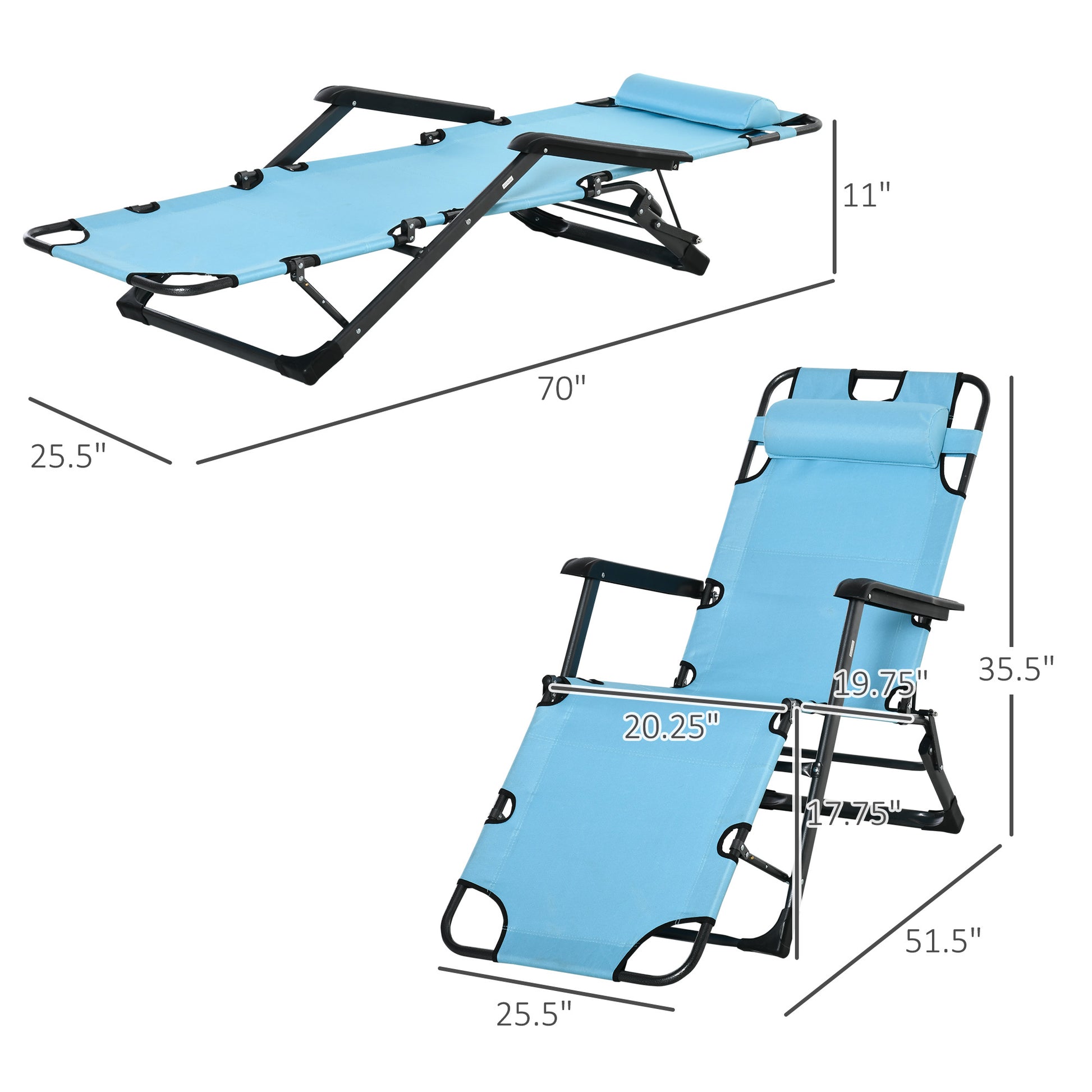 Outsunny Folding Chaise Lounge Chair For Outside, 2 In 1 Tanning Chair With Pillow & Pocket, Adjustable Pool Chair For Beach, Patio, Lawn, Deck, Blue Blue Metal