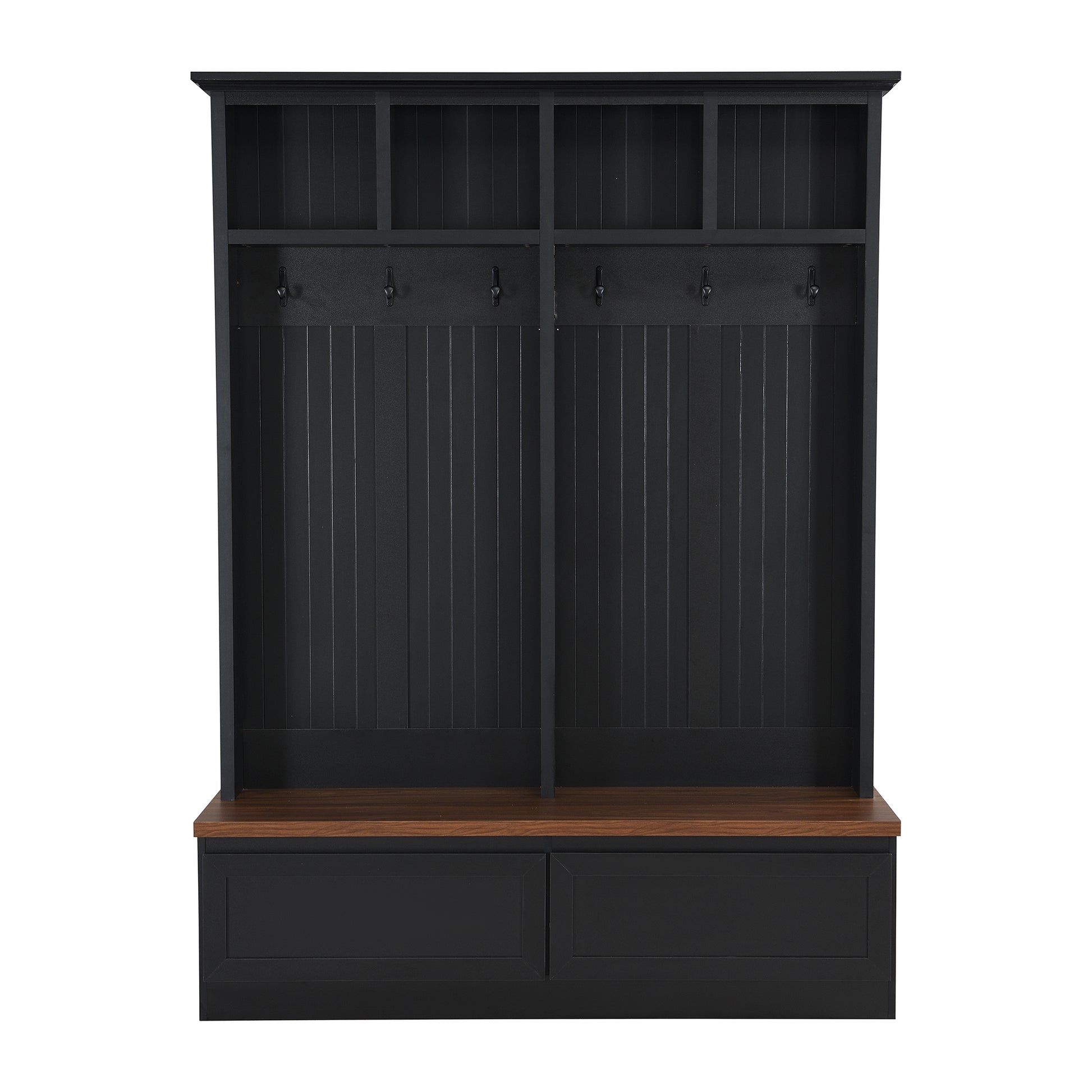 Farmhouse 4 In 1 Hall Tree With Wood Grain Bench, Mudroom Versatile Coat Rack With 2 Large Drawers, Large Entrance Organizer With 6 Black Hooks For Hallway, Living Room, Black, 55.9"Wx75.6"H Black