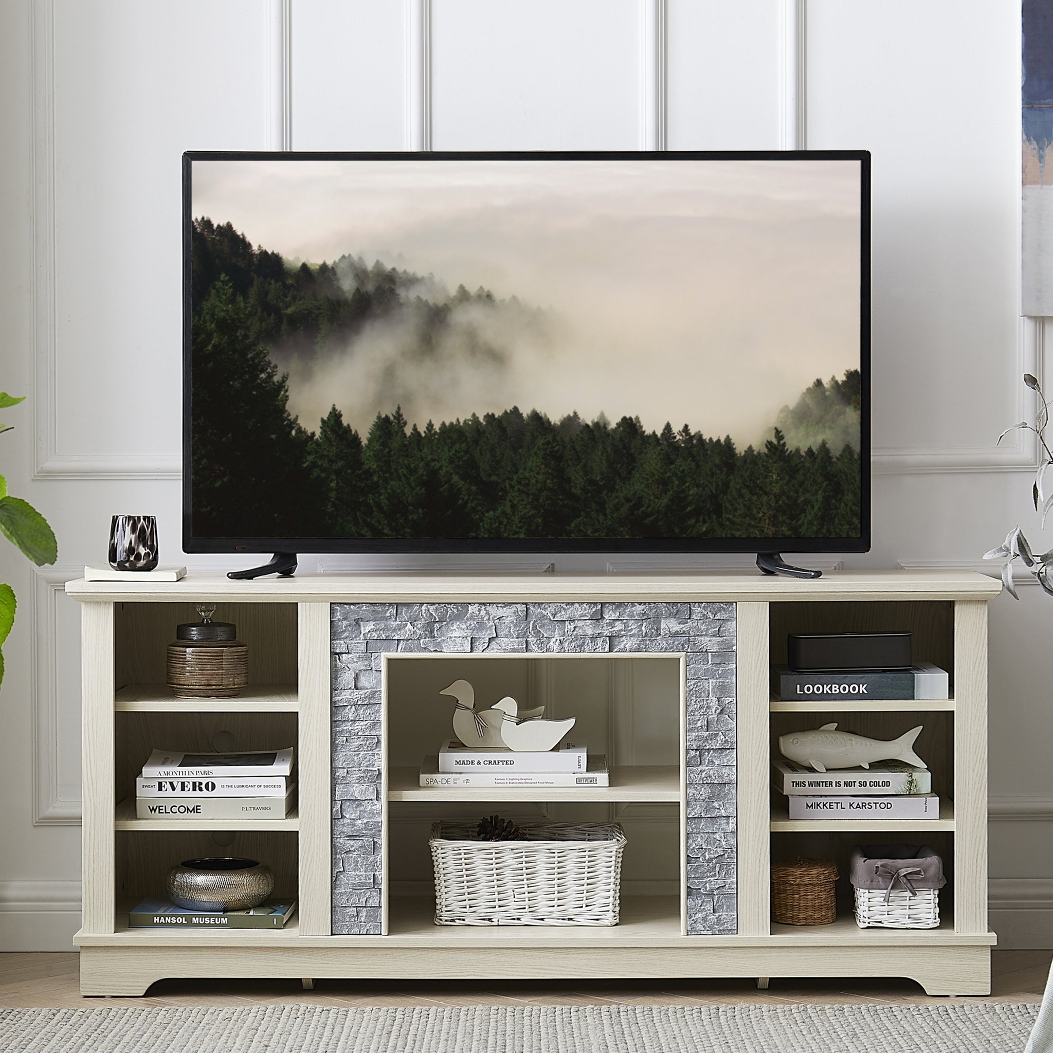 Mantel Stone Tv Media Stand With With Faux Stacked Stone Surround, Modern Entertainment Console With Open Storage Space,White, 58.31"W*15.39"D*26.06"H White 60 69 Inches Mdf