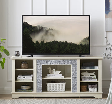 Mantel Stone Tv Media Stand With With Faux Stacked Stone Surround, Modern Entertainment Console With Open Storage Space,White, 58.31"W*15.39"D*26.06"H White 60 69 Inches Mdf