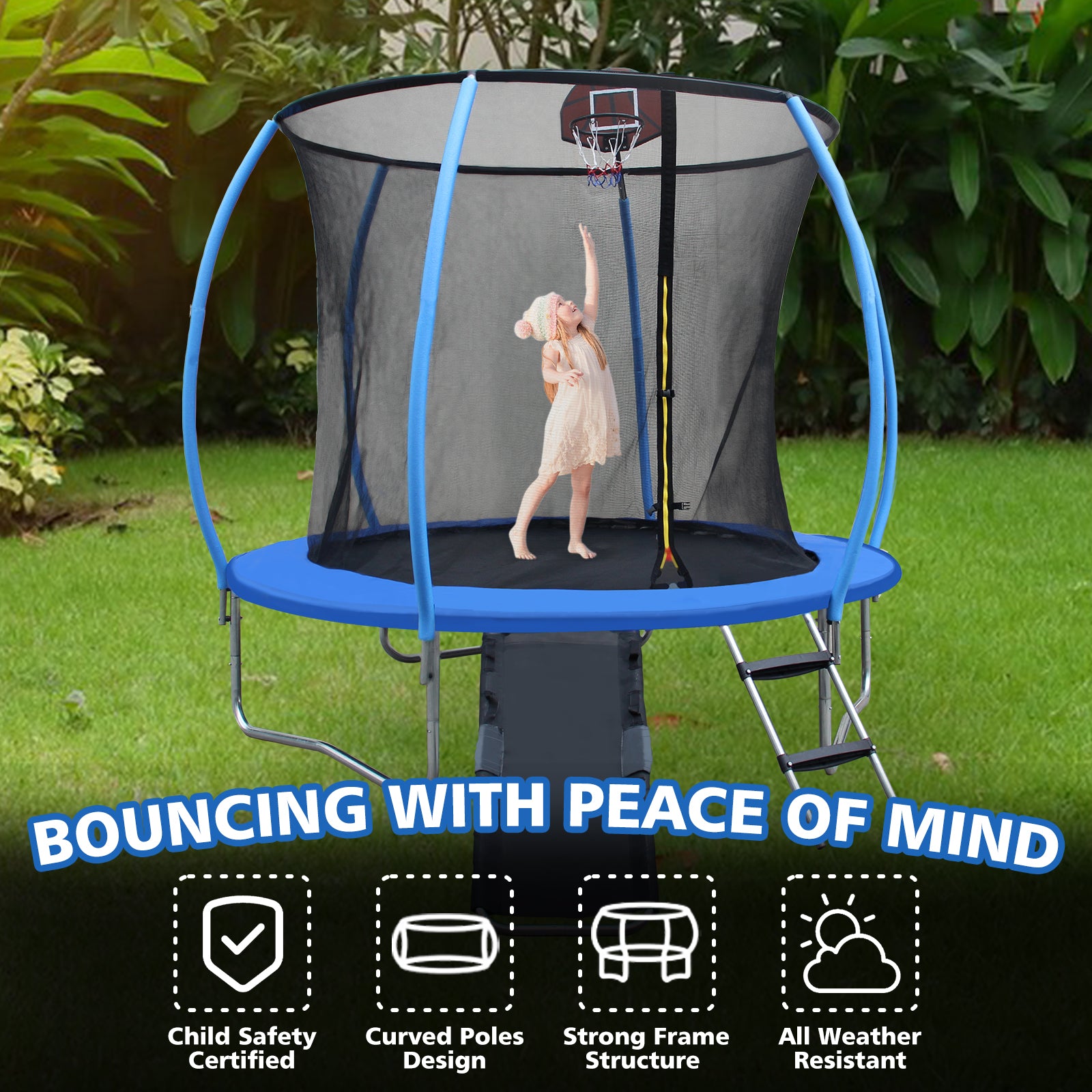 10Ft Trampoline With Enclosure Recreational Trampolines With Ladder And Anti Rust Coating, Pumpkin Shaped Trampoline With Slide And Basket Board, Astm Approval Outdoor Trampoline For Kids Black Blue