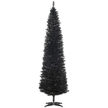 Homcom 7' Artificial Pencil Christmas Tree, Slim Xmas Tree With 499 Realistic Branch Tips And Plastic Stand, Black Black Plastic