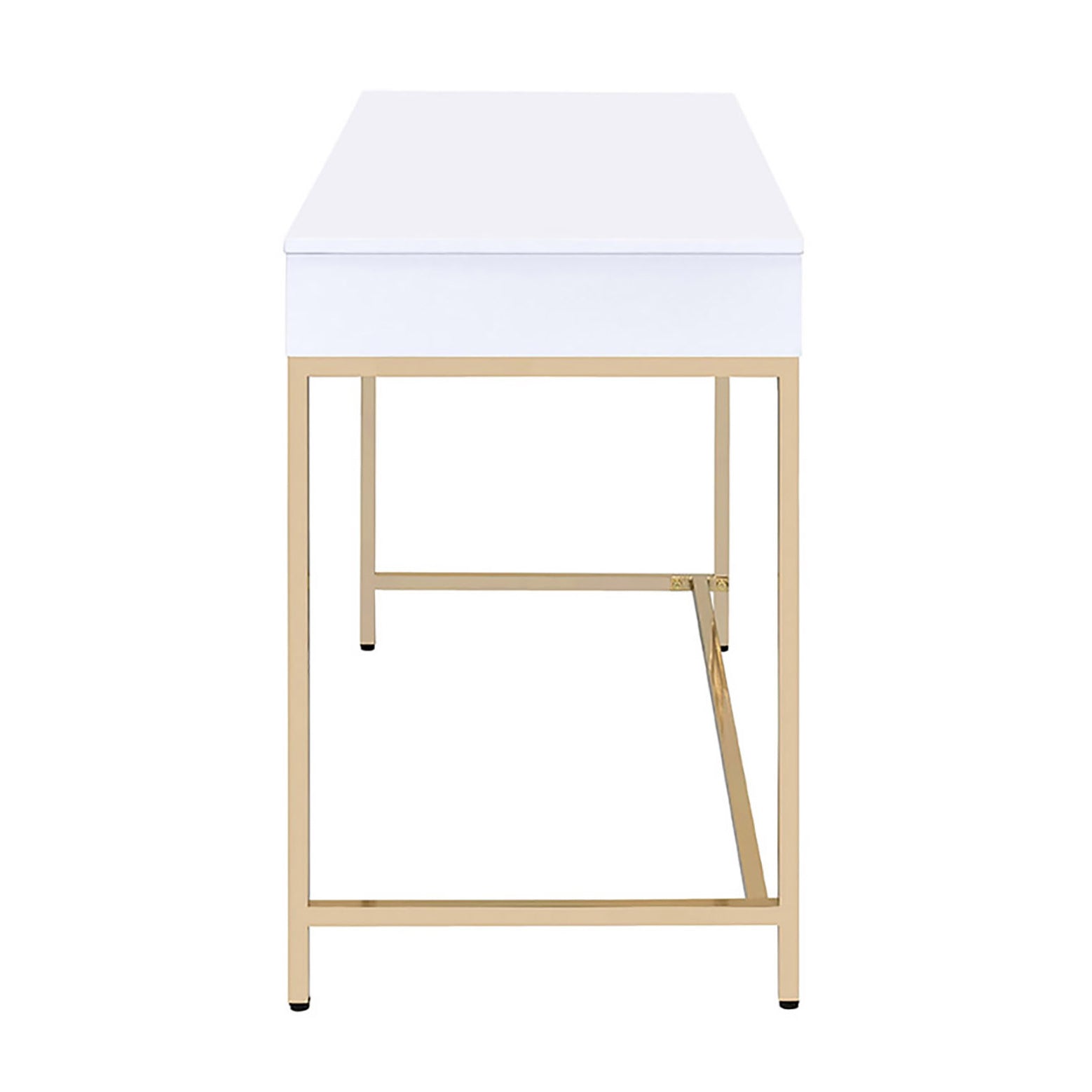 White High Gloss And Gold 2 Drawer Writing Desk White Gold Writting Desk Office Contemporary Freestanding Rectangular Drawers Rectangular Desk Wood Metal H Shape