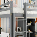 Full Size Loft Wood Bed With Desk, Storage Shelves And Drawers, Built In Ladder, High Loft Bed With Desk, Storage Shelves And Drawers,Guardrails,Grey Full Grey Pine