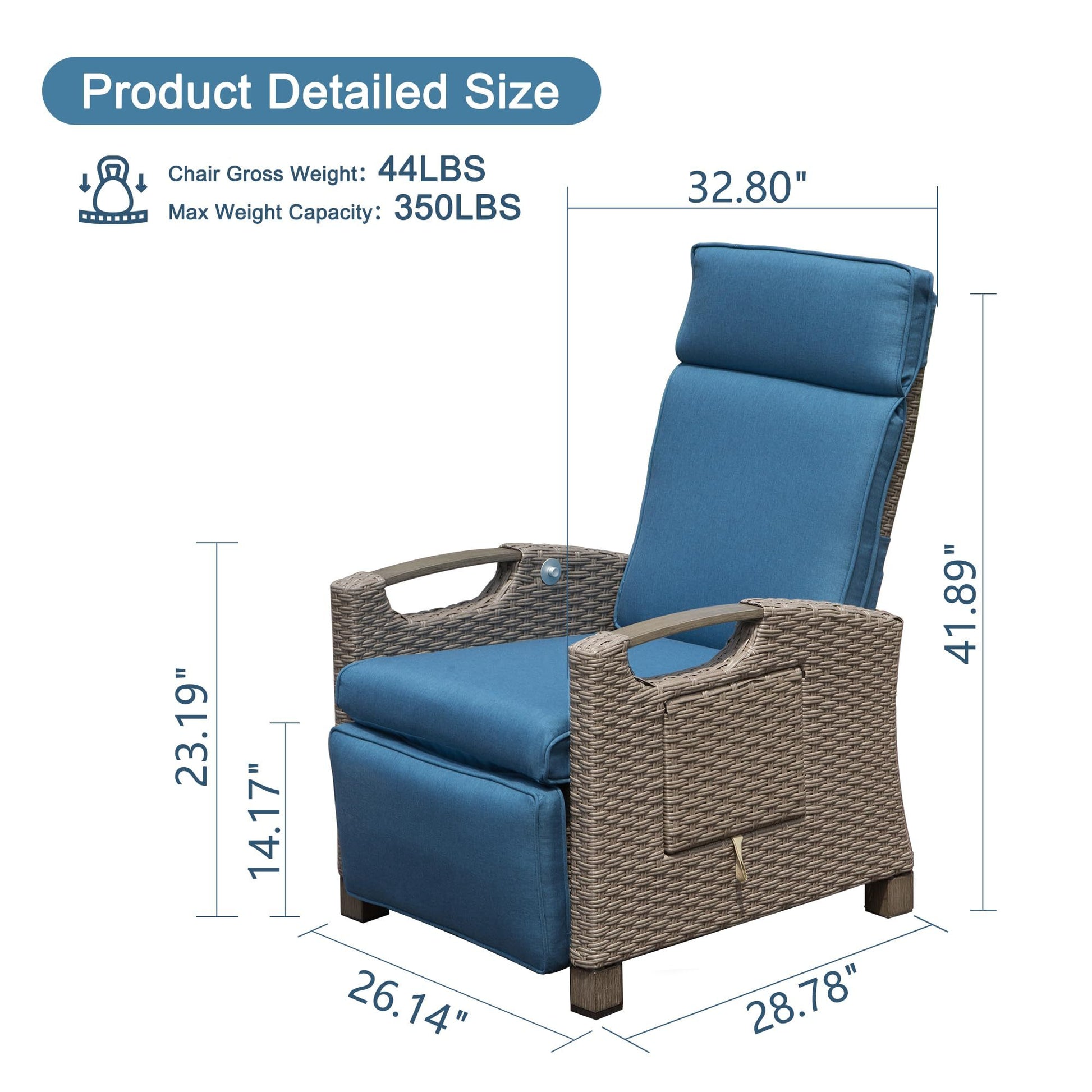 Outdoor Recliner Chair, Patio Recliner With Hand Woven Wicker, Flip Table Push Back, Adjustable Angle, 6.8'' Thickness Cushions, Reclining Lounge Chair For Indoor And Outdoor, Navy Blue Yes Blue Garden & Outdoor Steel Rattan