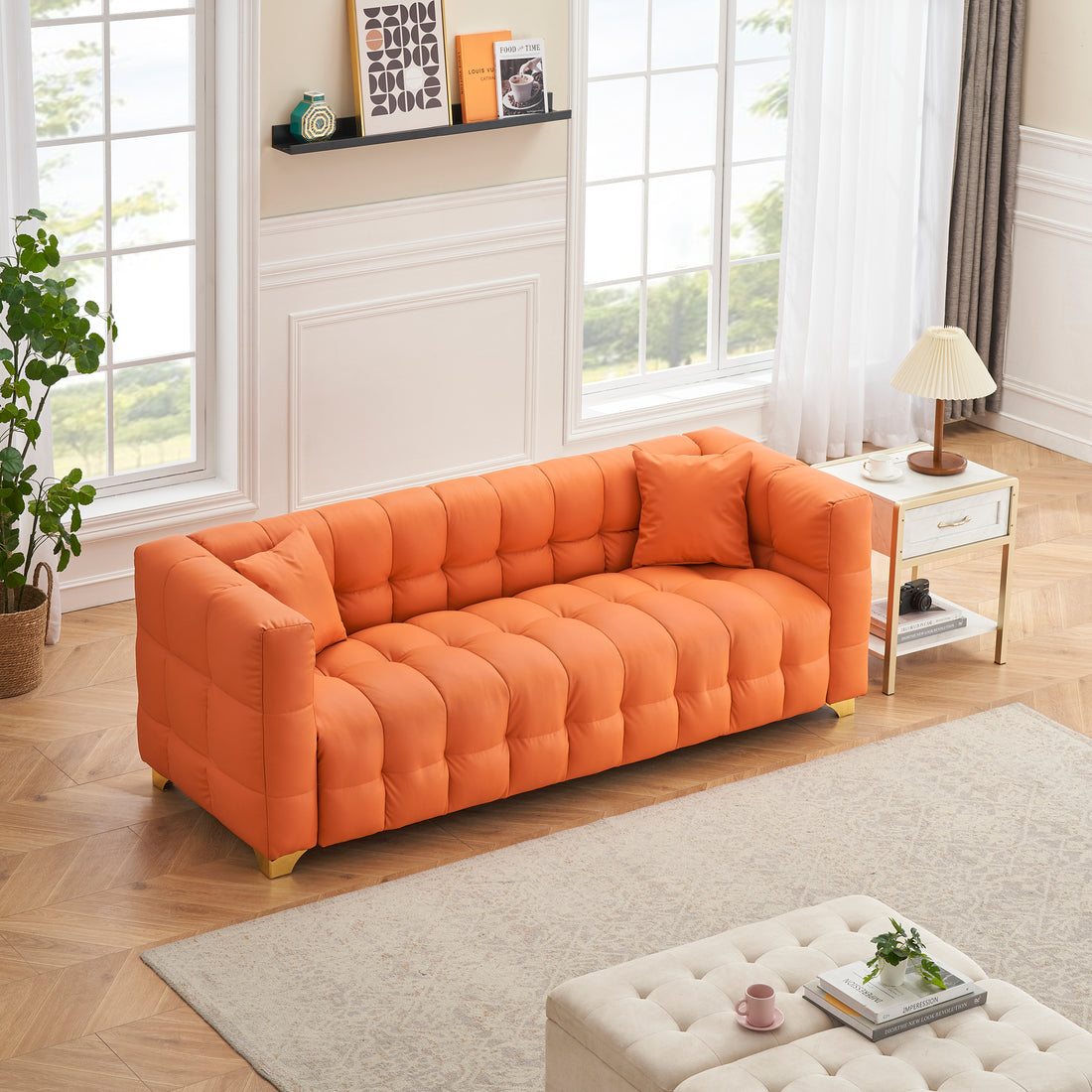 80 Inches Long, 21.7 Inches Deep, American Body Structure, Technology Fabric Sofa, 3 Seats Waterproof And Stain Proof, Orange Anti Cat Paw Sofa Orange Polyester Blend 3 Seat