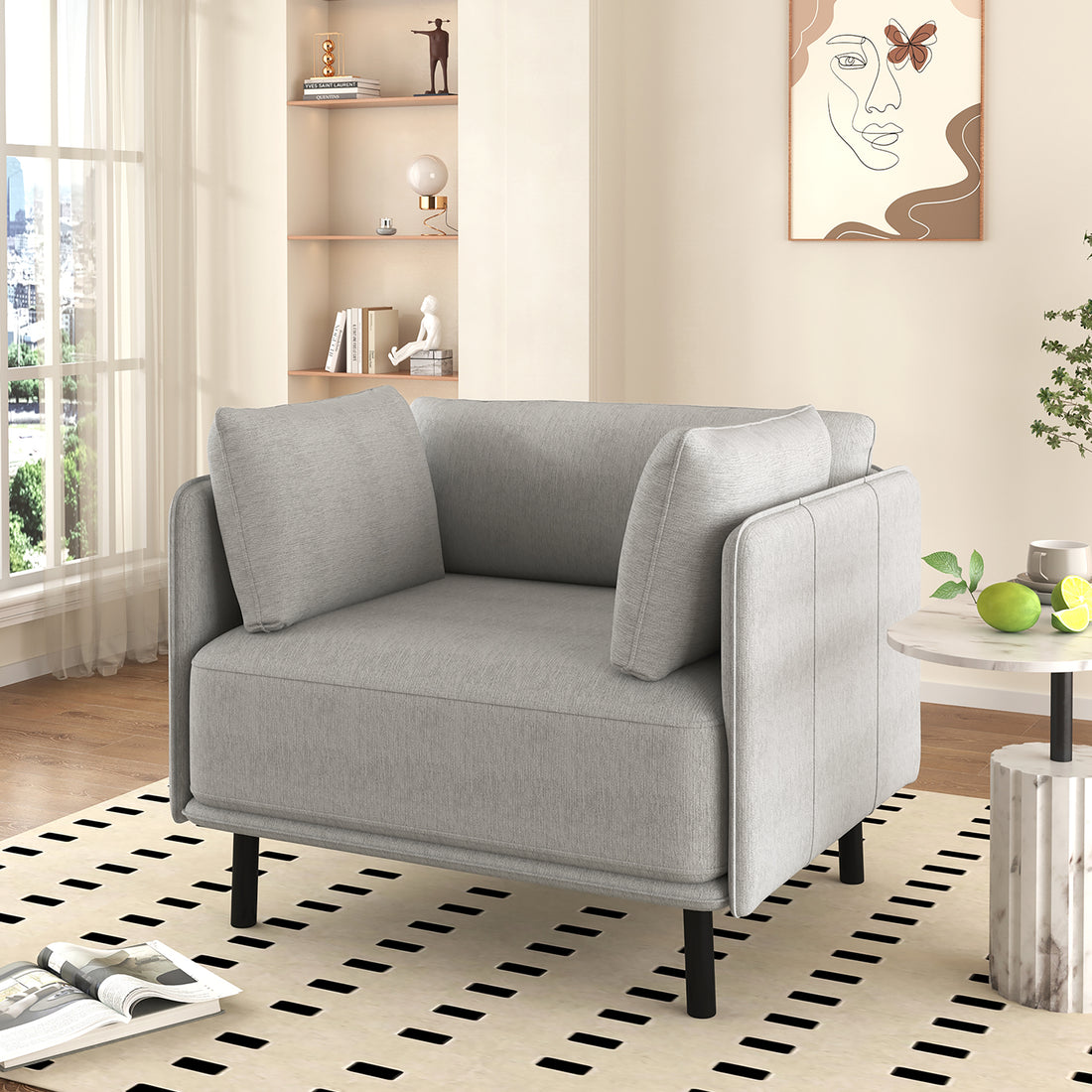 39" Vintage Grey Lounge Chair With Polyester Upholstery, Solid Wood Frame And Steel Legs, Comfortable Accent Seating For Living Room, Bedroom, Or Office Grey Polyester,Solid Wood Mdf,Steel