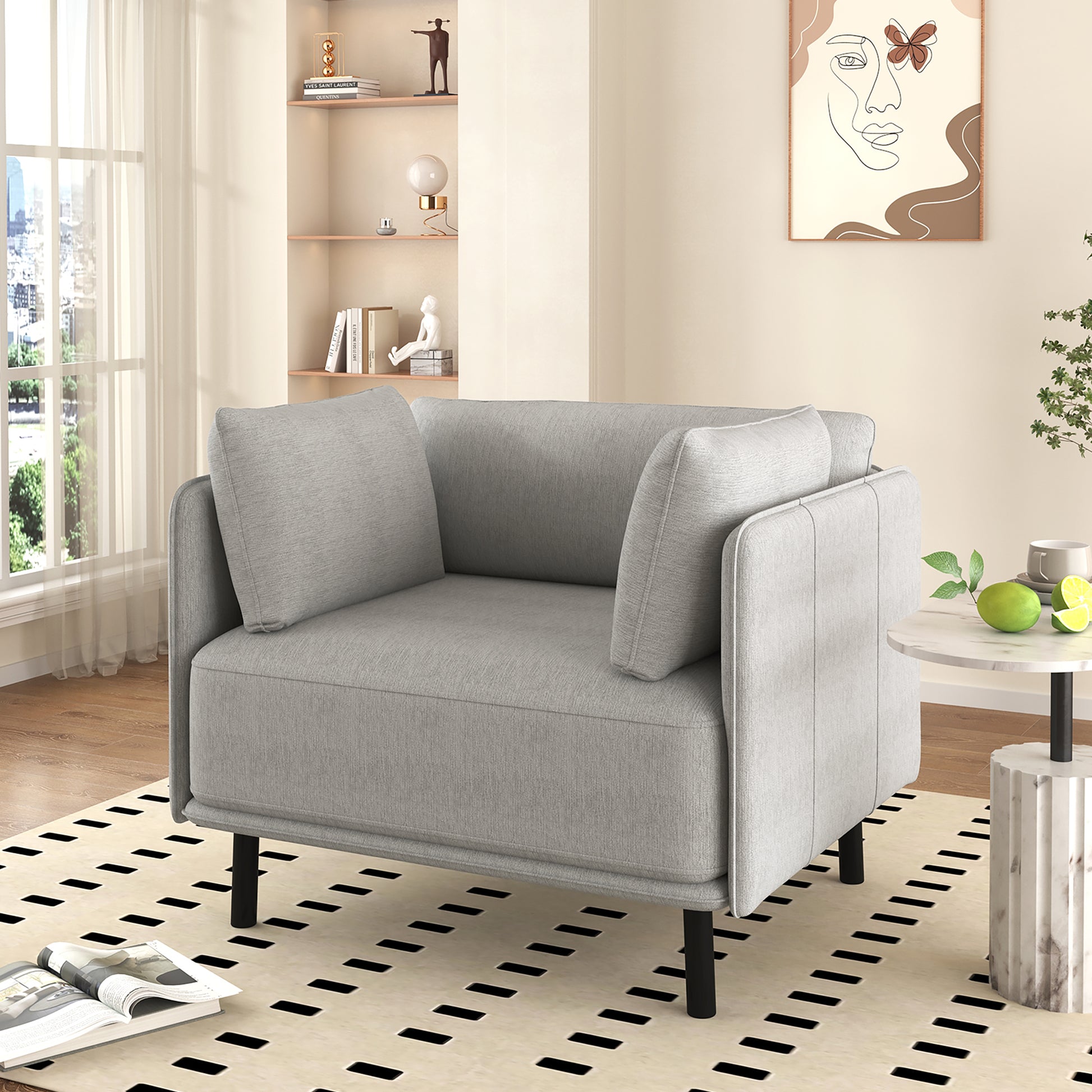 39" Vintage Grey Lounge Chair With Polyester Upholstery, Solid Wood Frame And Steel Legs, Comfortable Accent Seating For Living Room, Bedroom, Or Office Grey Polyester,Solid Wood Mdf,Steel
