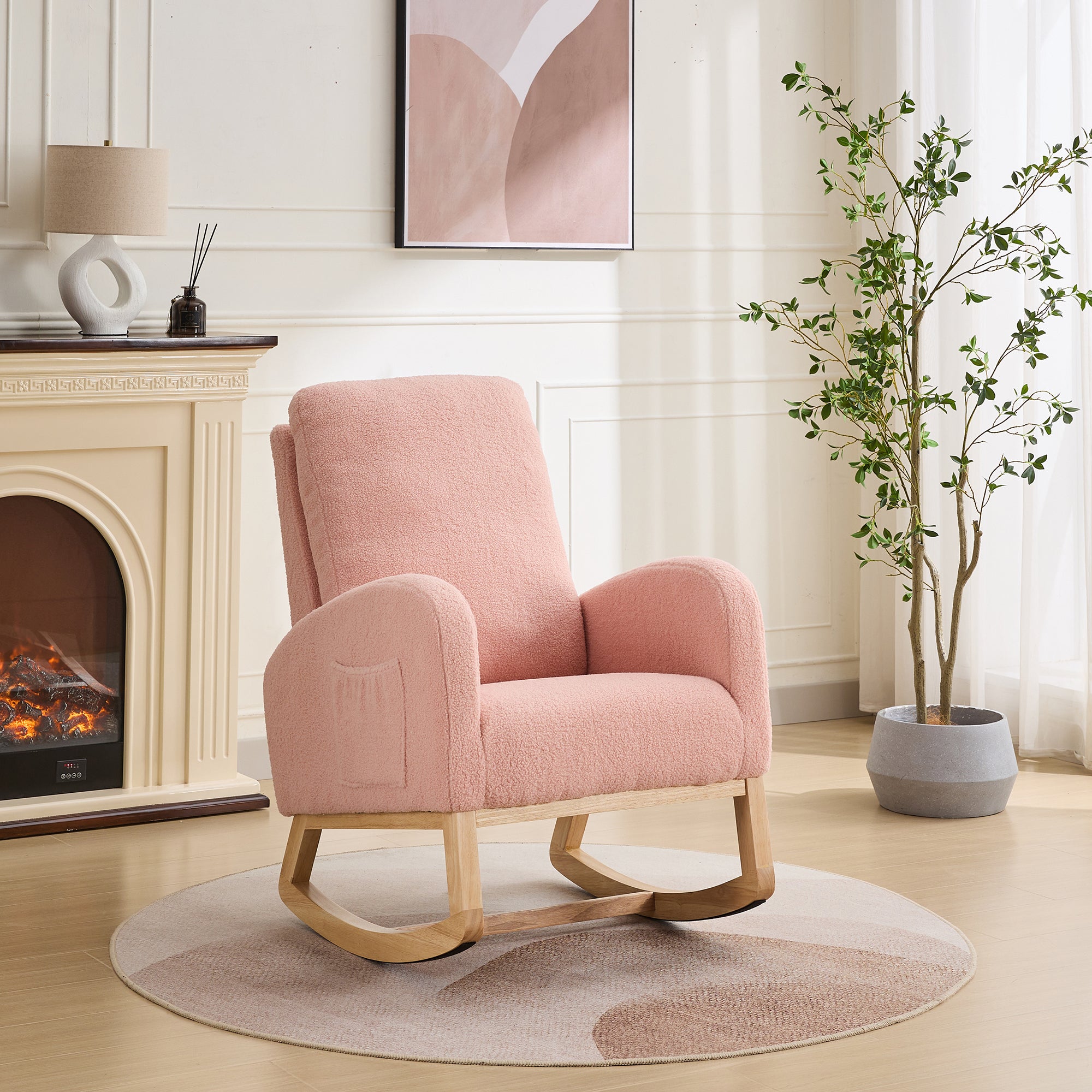 27.2"W Rocking Chair For Nursery, Sherpa Glider Chair With High Back And Side Pocket, Rocking Accent Armchair With Rubber Wood Legs For Living Room Bedroom.Pink Pink Sherpa