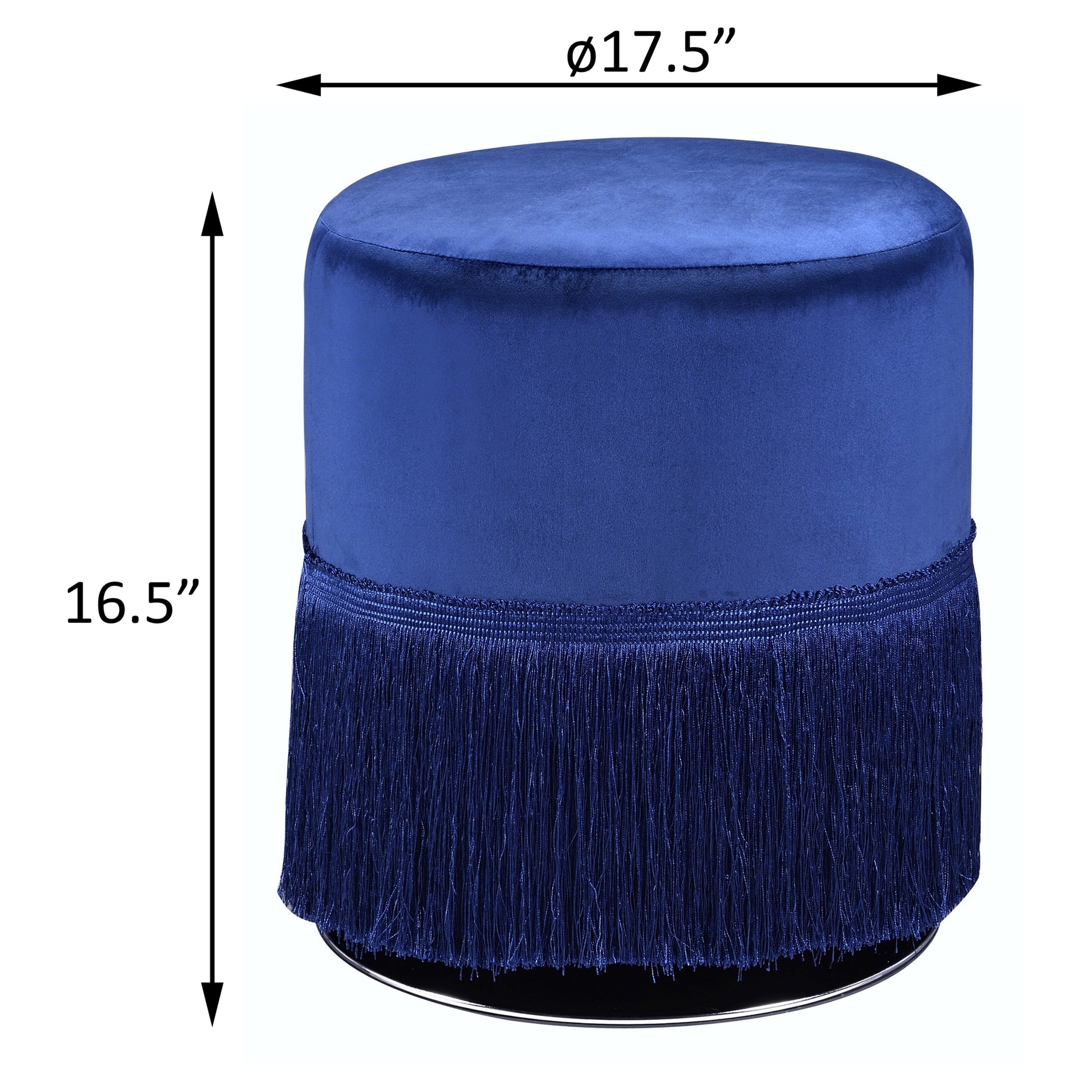 Midnight Blue Round Ottoman With Fringe Blue Velvet Primary Living Space Backless Solid Blue Round Armless Velvet